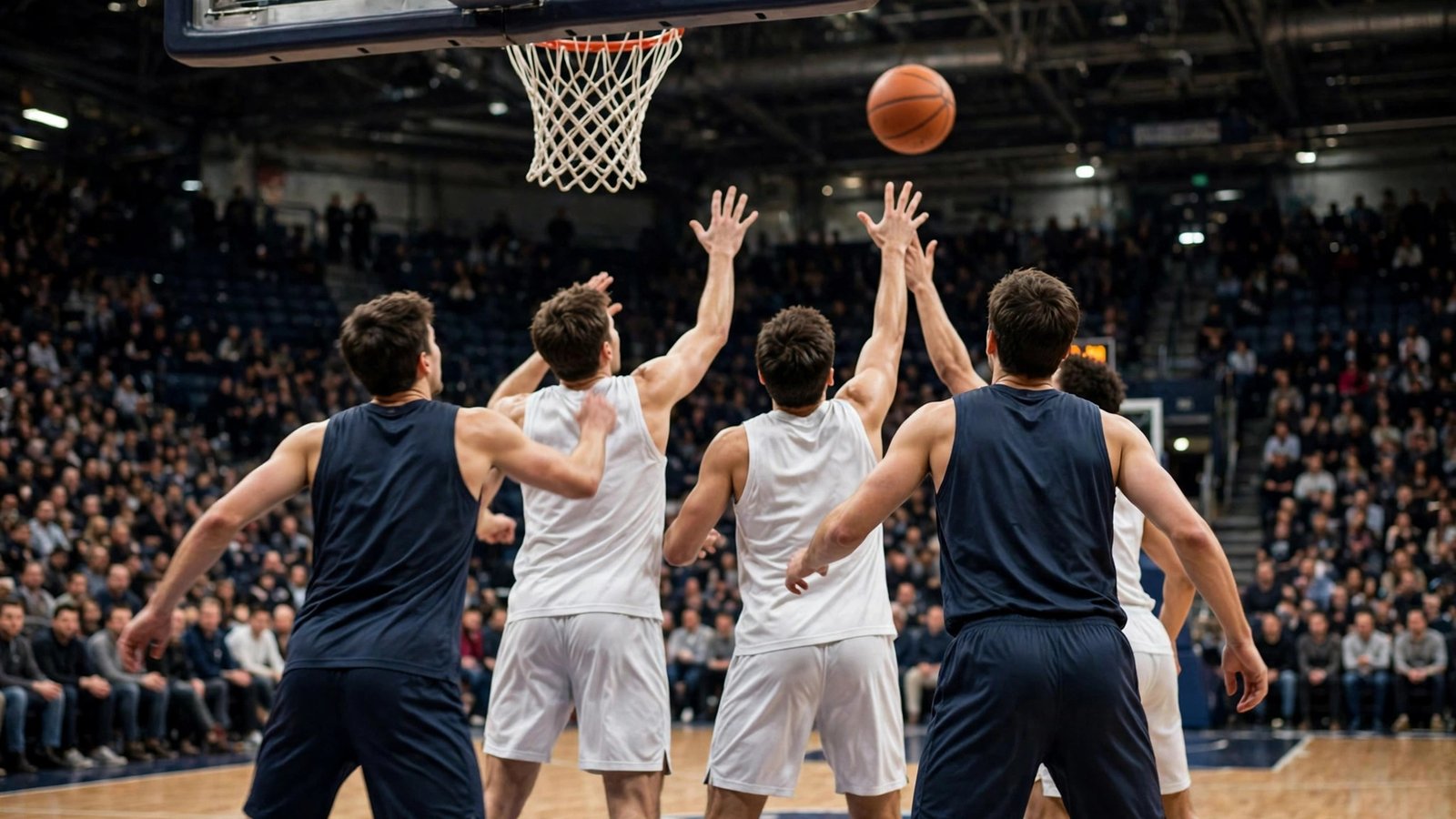 Basketball players reaching for a rebound under the basket in a crowded arena