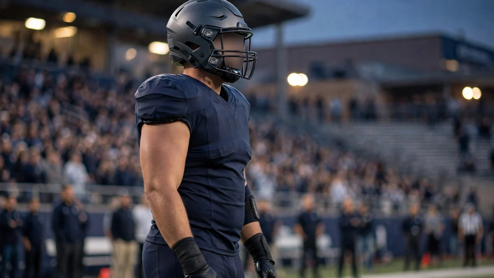 An American football offensive lineman in a plain dark uniform and helmet stands on the sideline of a stadium at dusk with a blurred crowd behind him.