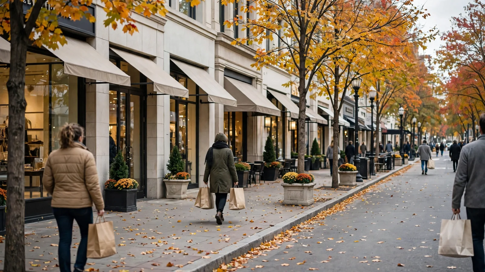 Shoppers carrying plain paper bags walk past upscale storefronts with awnings on an autumn street lined with trees and fallen leaves.