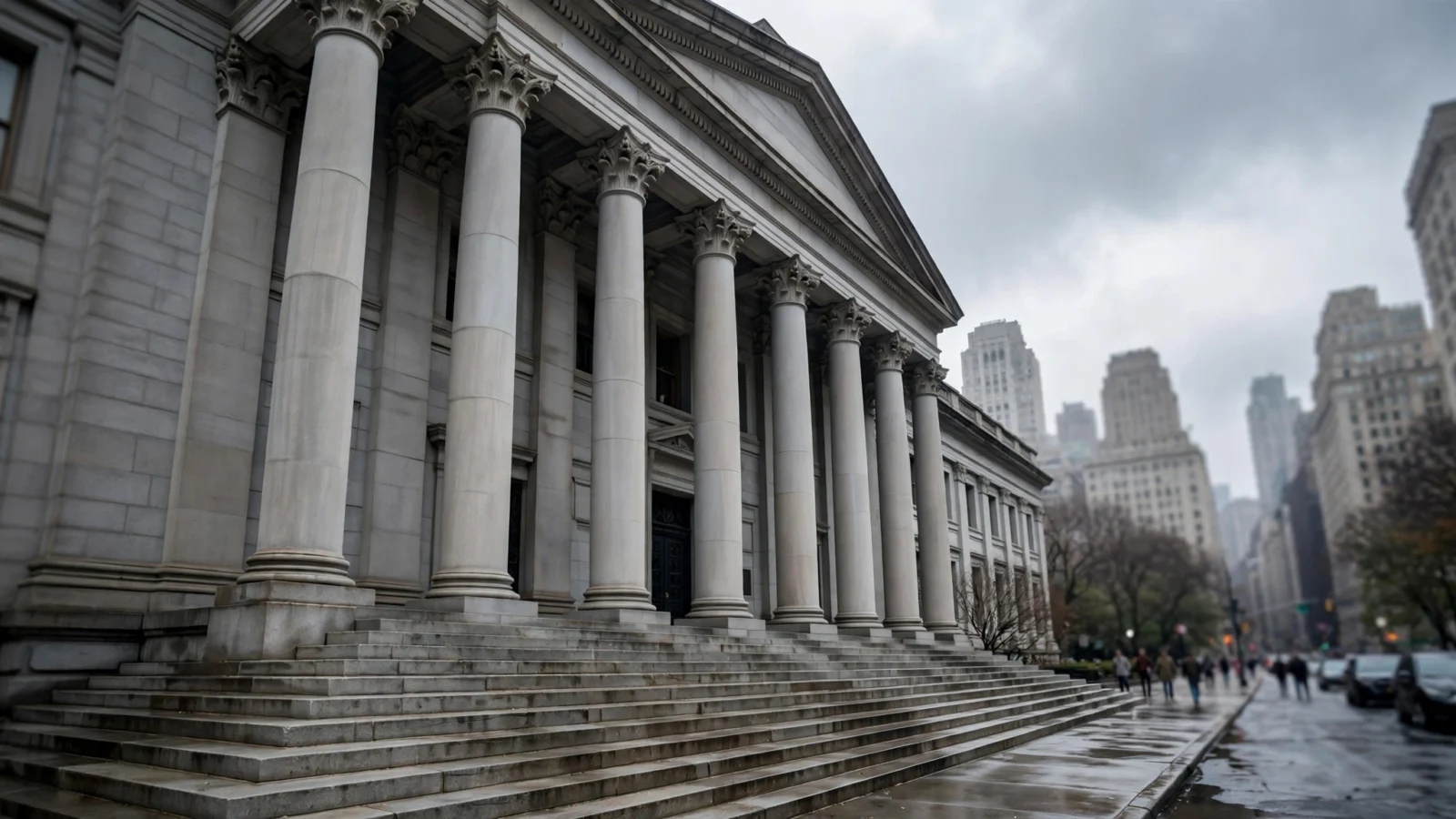 A stone federal courthouse with tall columns and wide steps in a city on an overcast day, with pedestrians in the distance
