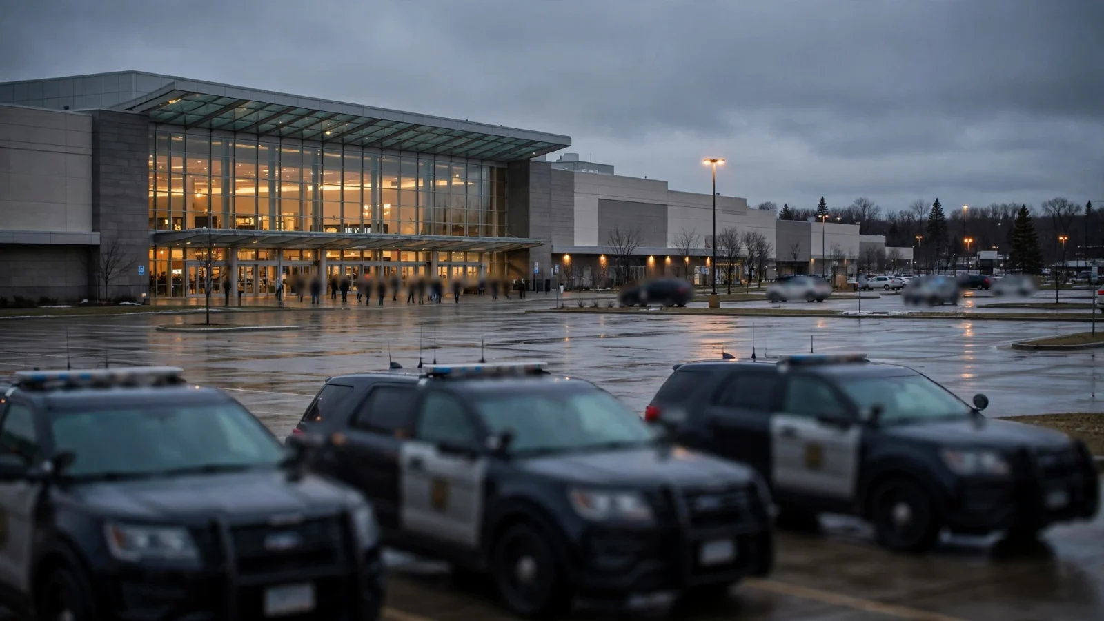 Police SUVs parked outside a large shopping mall with a glass entrance at dusk on wet pavement