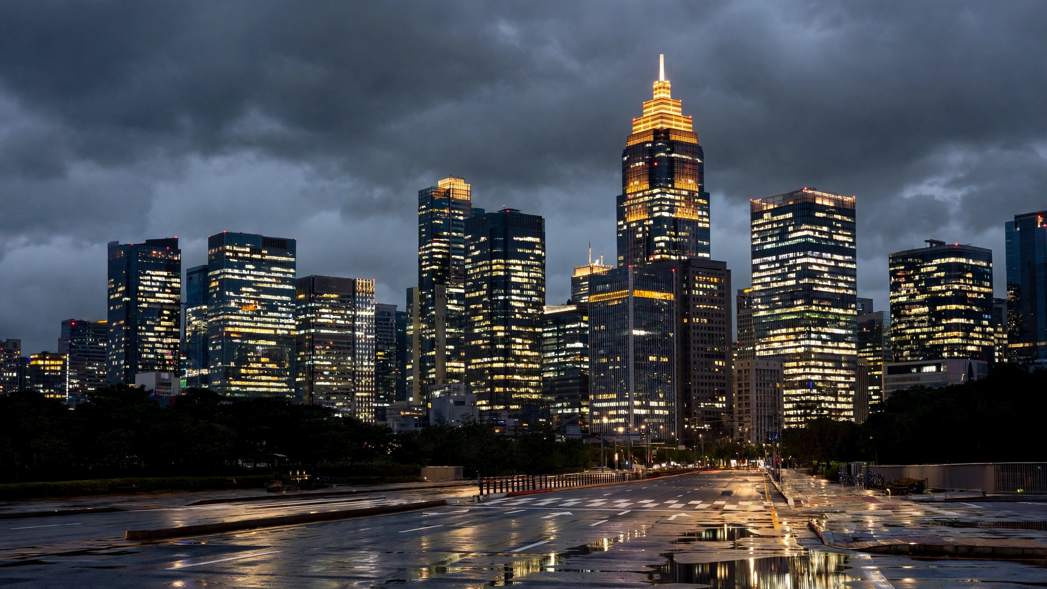 The Seoul financial district skyline under dark evening clouds