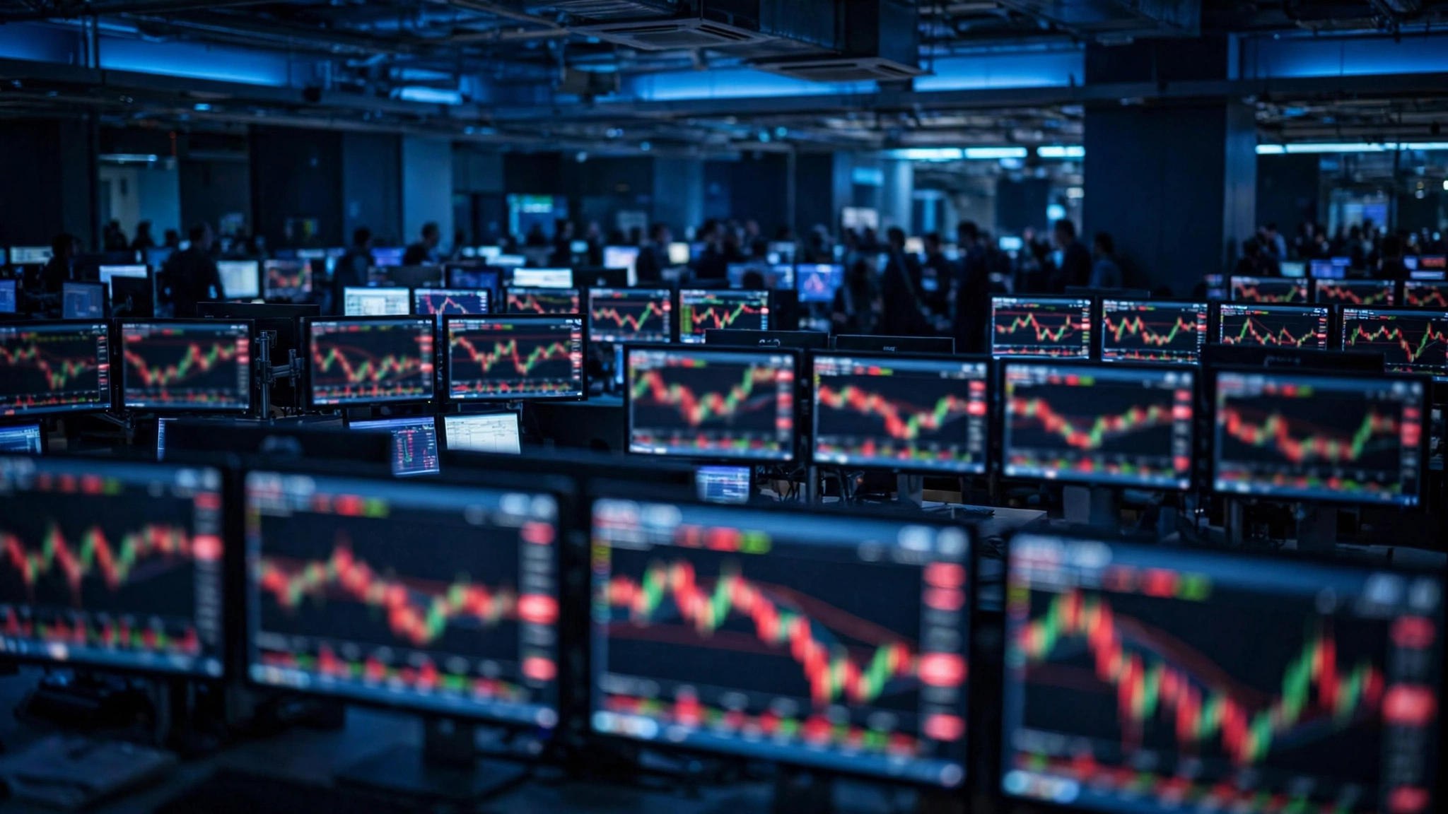 A stock exchange trading floor with monitors showing falling market charts