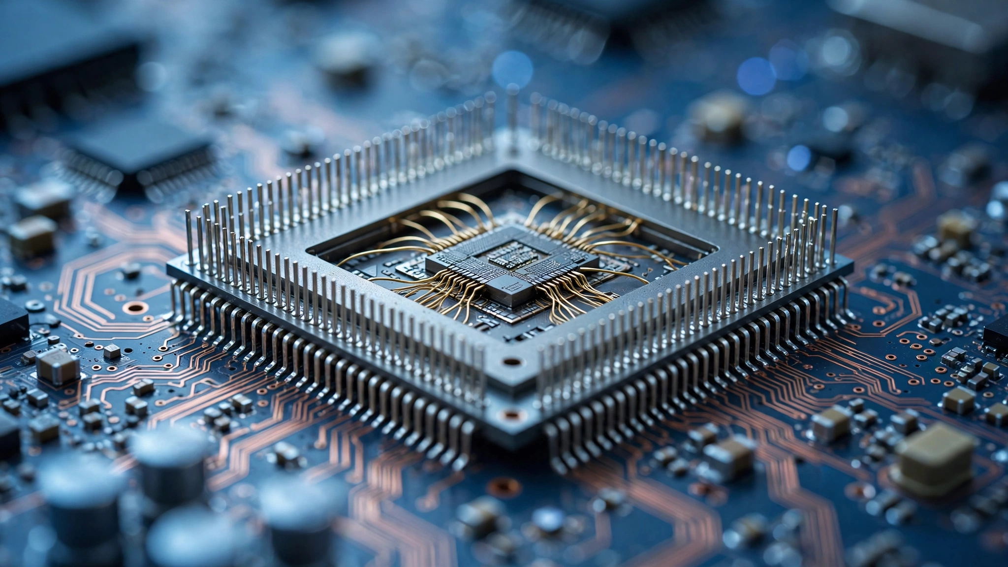 Close-up of a semiconductor chip on a circuit board