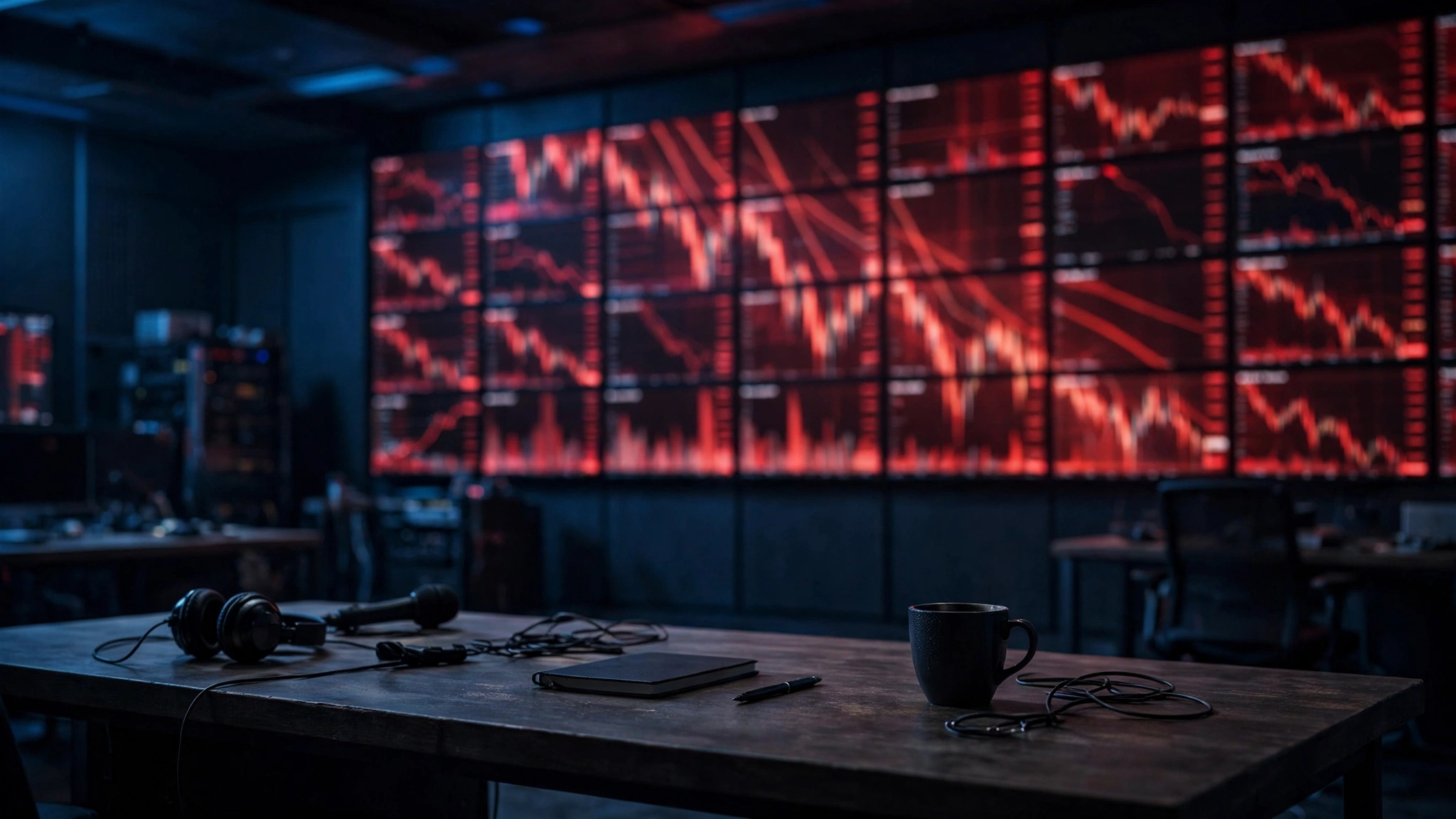 A wall of screens in a dark room showing red falling stock charts