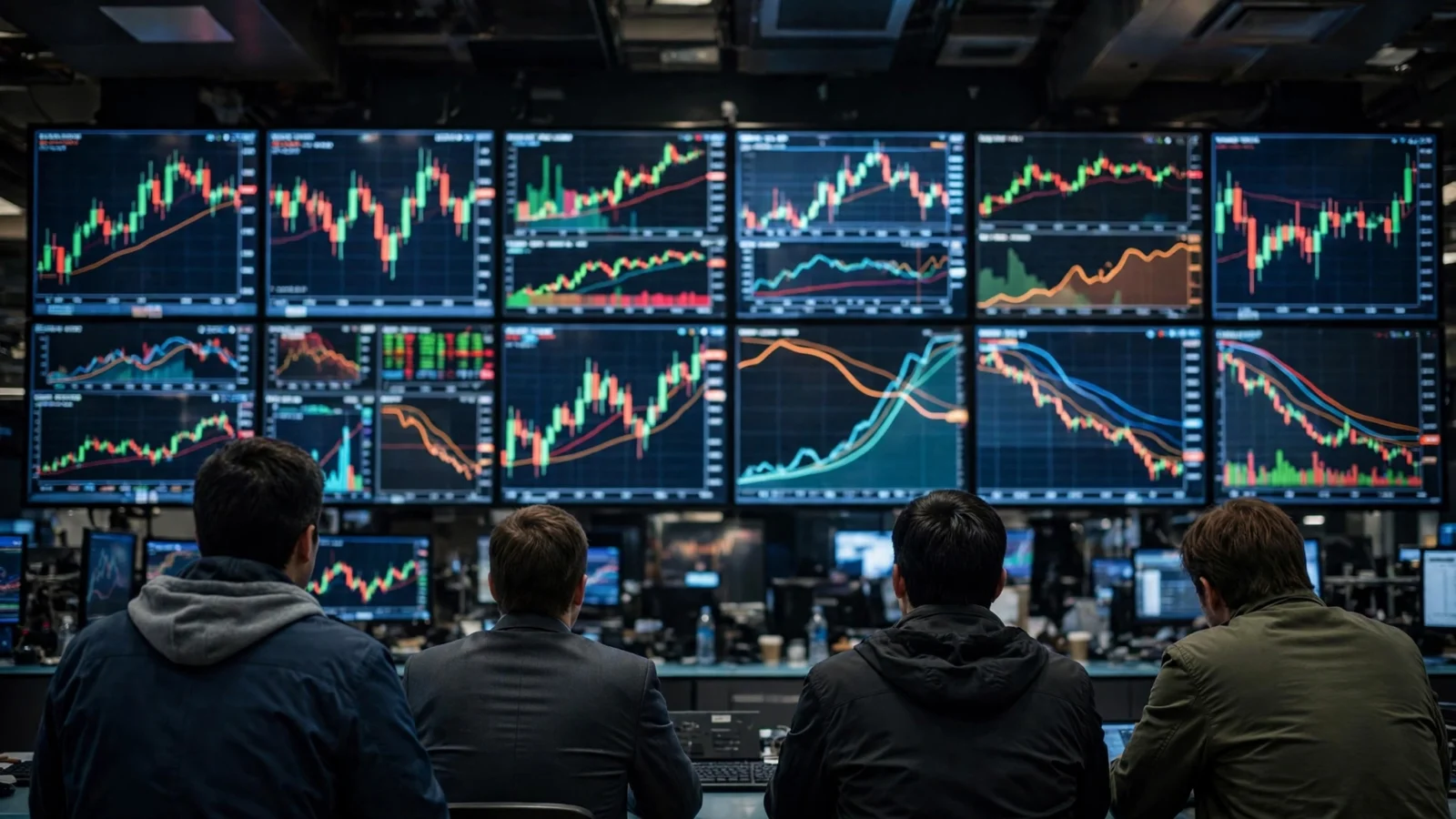 Traders seen from behind watching a wall of stock market charts and graphs on large screens in a trading room