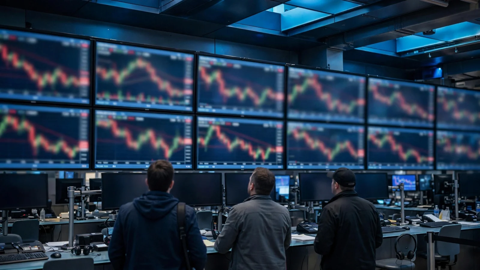 Three traders seen from behind looking up at a wall of large monitors showing blurred red and green stock charts trending downward on a trading floor
