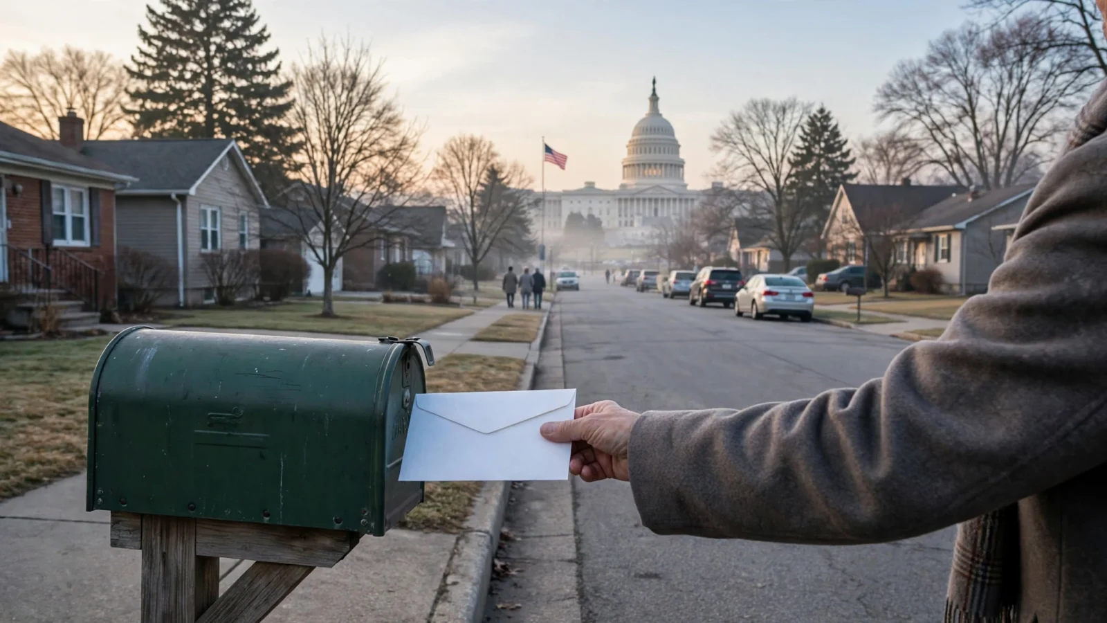 Suburban street mailbox with an envelope, U.S. Capitol dome in the distance at dawn