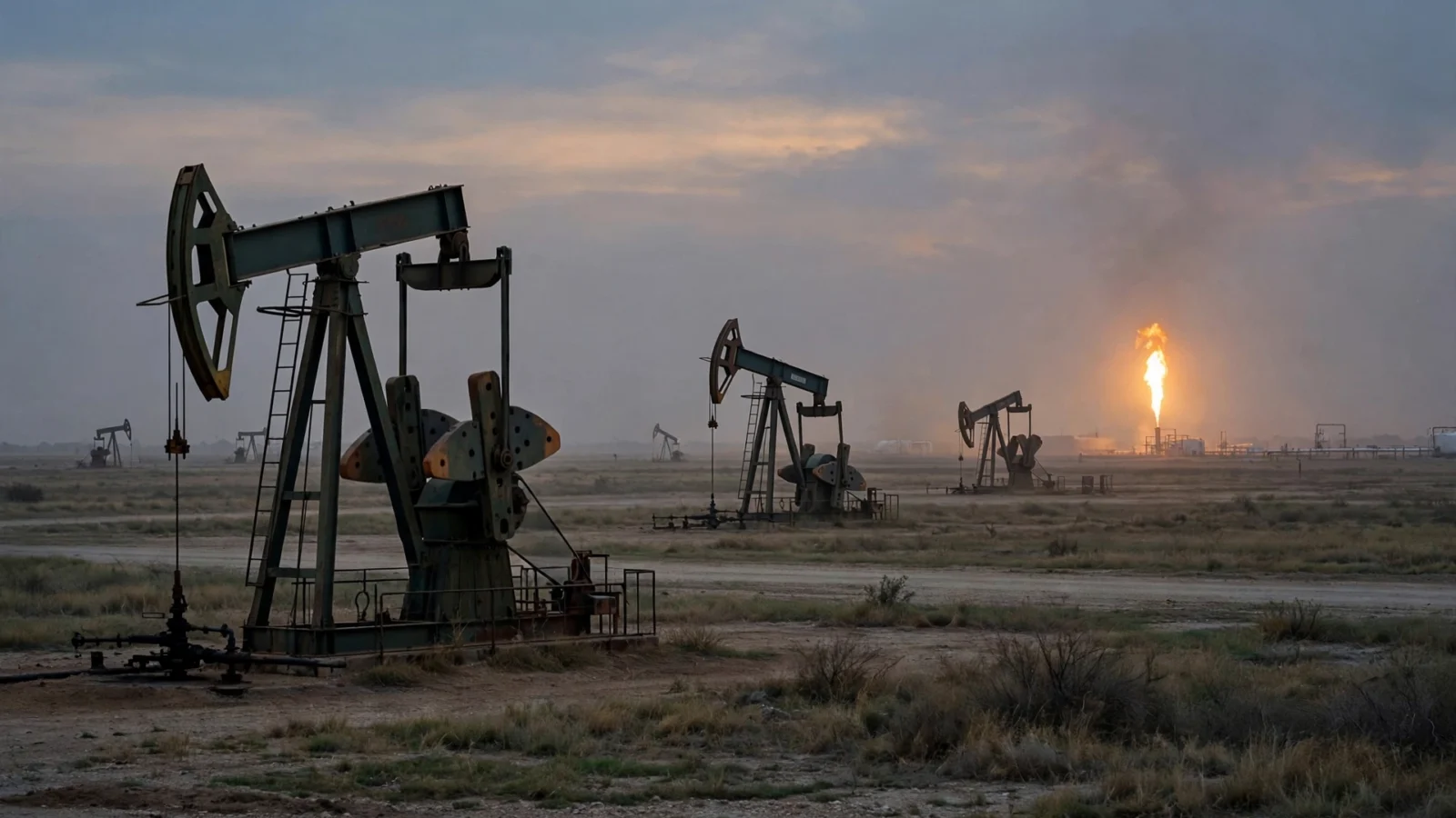 Oil pumpjacks in a flat field at dusk with a gas flare burning in the distance