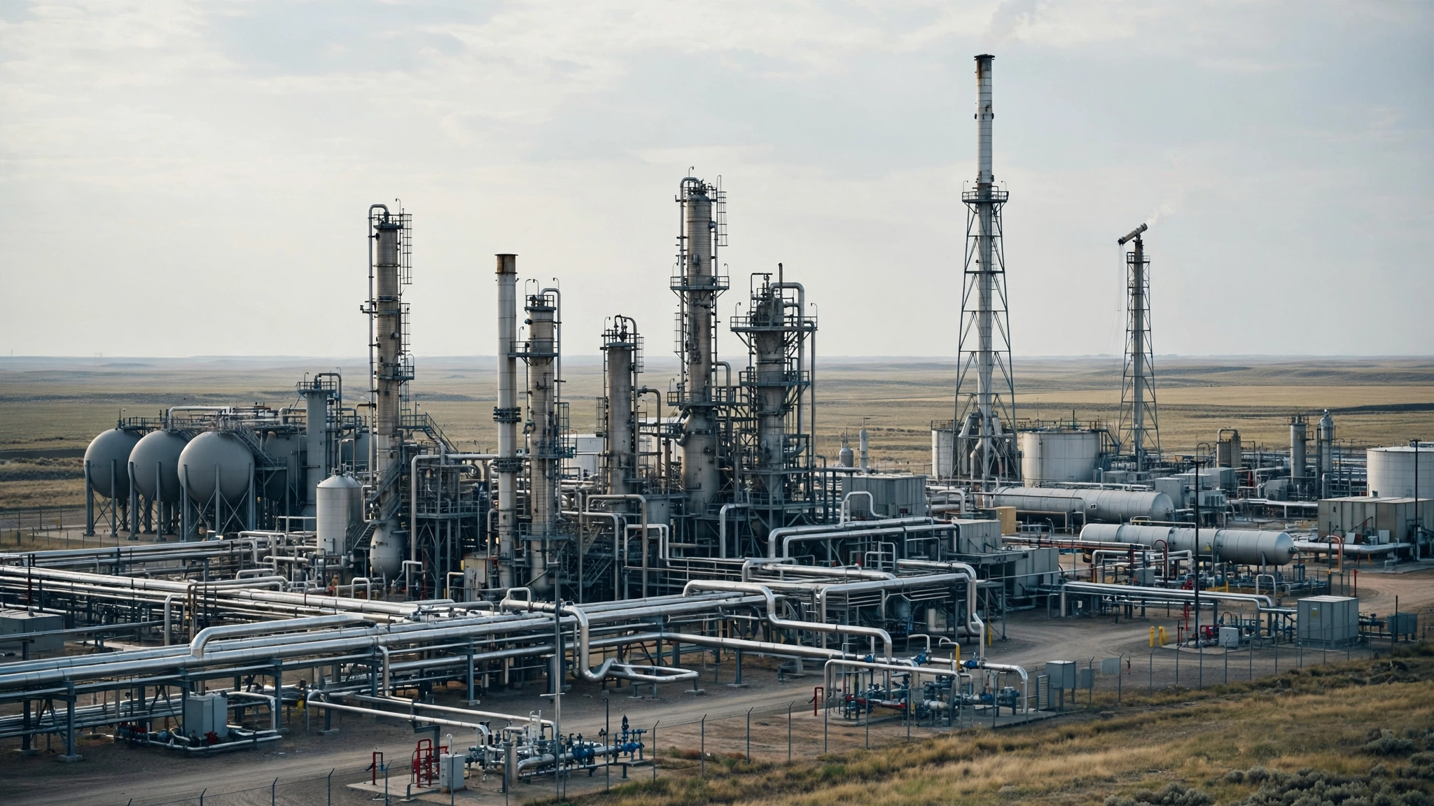 A natural gas processing facility with metal towers, pipes and storage tanks in open land