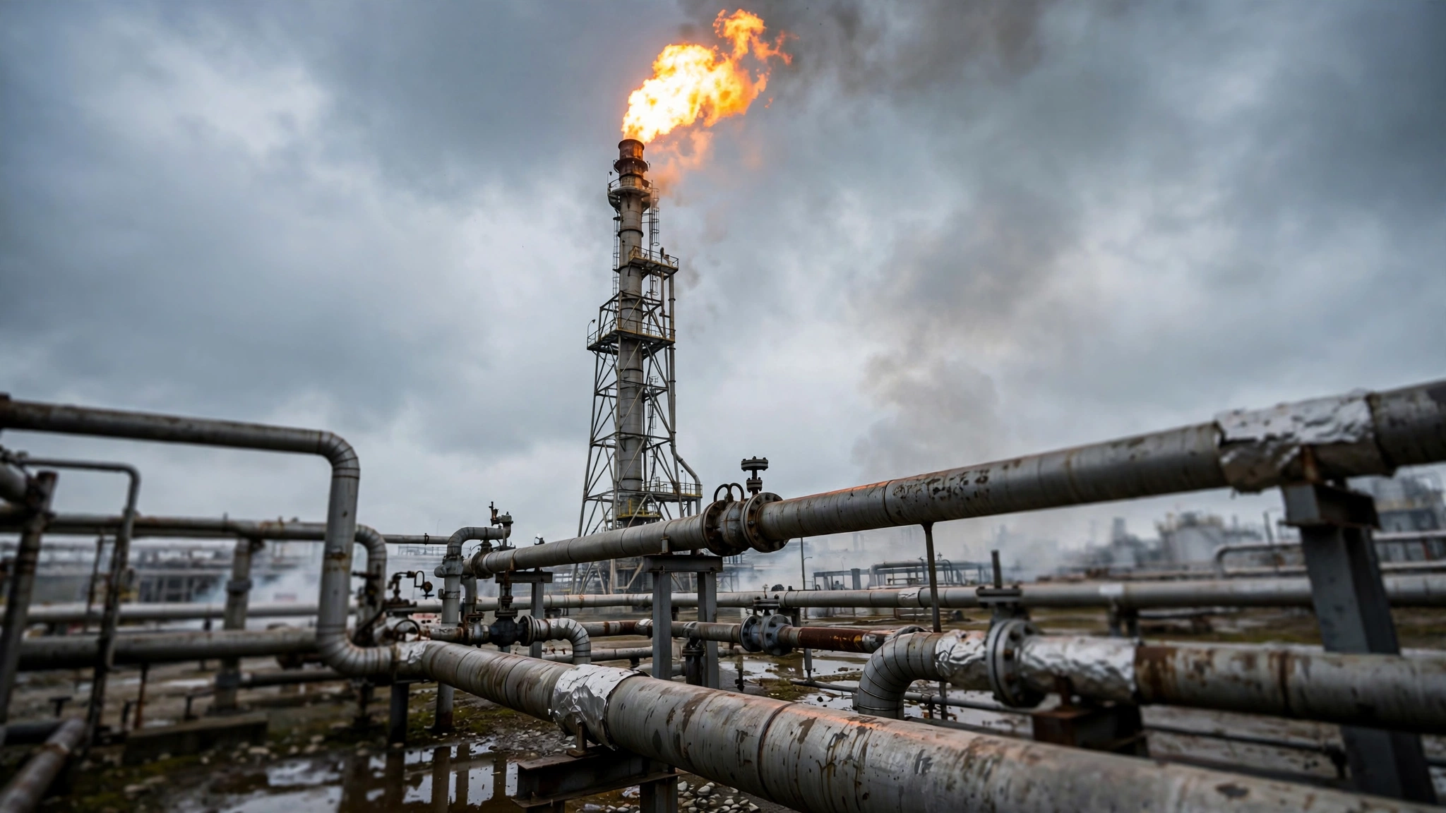 A tall flare stack burning gas with a bright flame under a cloudy sky, with pipes in the foreground