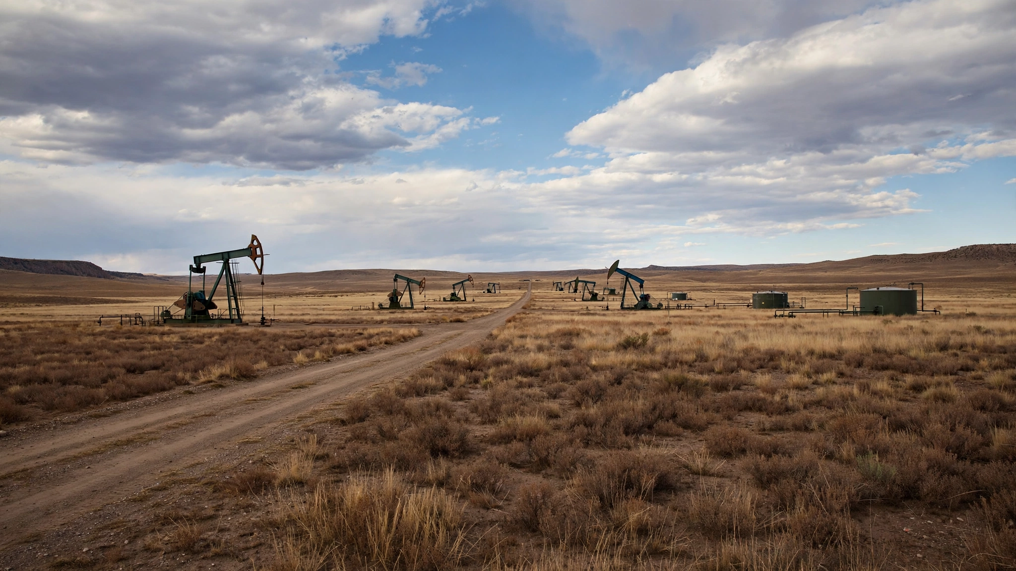 A dirt road running through an oil field with pumpjacks and storage tanks on both sides
