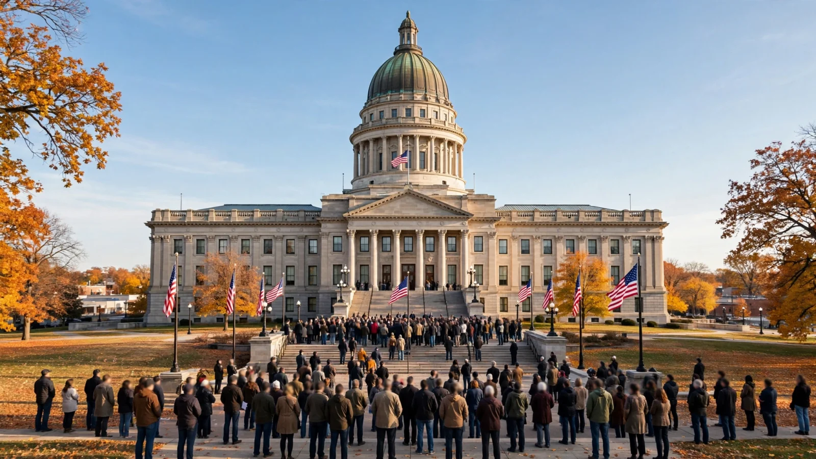 A crowd gathers on the steps of a domed state capitol building with American flags in autumn