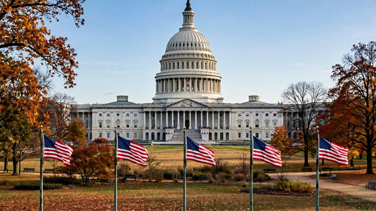 The United States Capitol building in Washington, DC, with American flags on flagpoles in front and autumn trees on either side.
