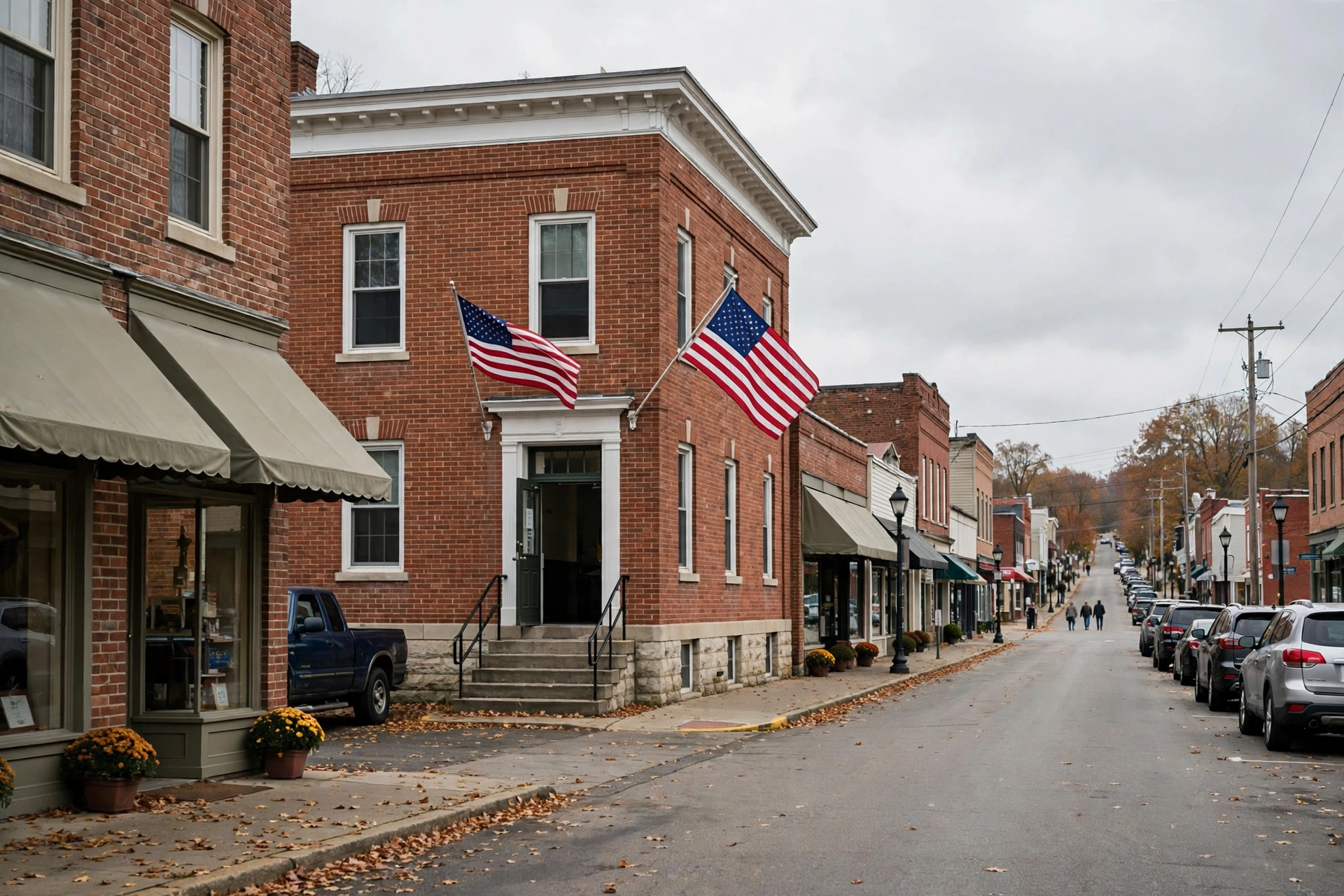 A brick building with two American flags beside its entrance on a small-town street with parked cars.