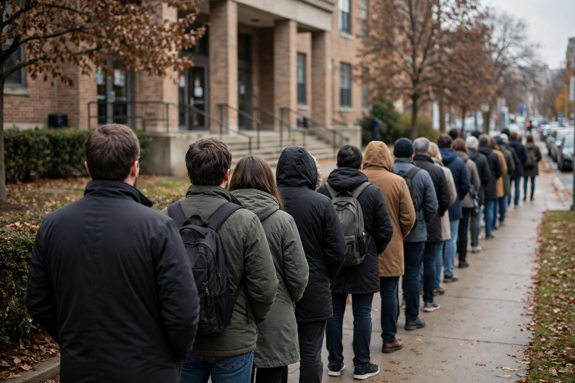 A line of people seen from behind waiting on a sidewalk outside a brick building.