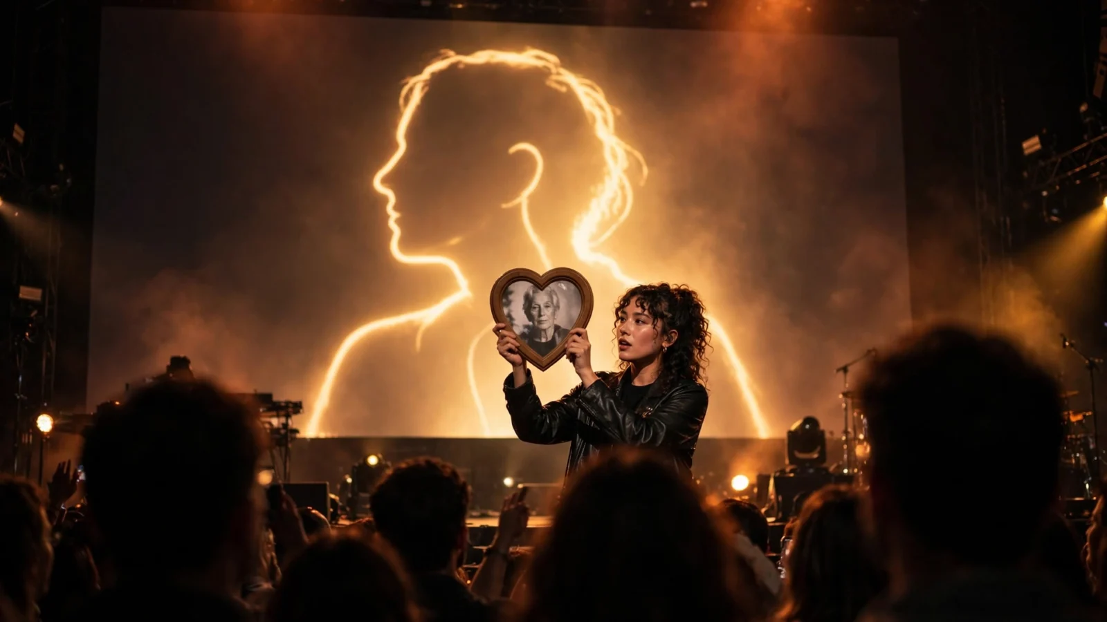 An anonymous singer on stage holding a heart-shaped framed photograph, with a glowing silhouette portrait projected on the screen behind her.