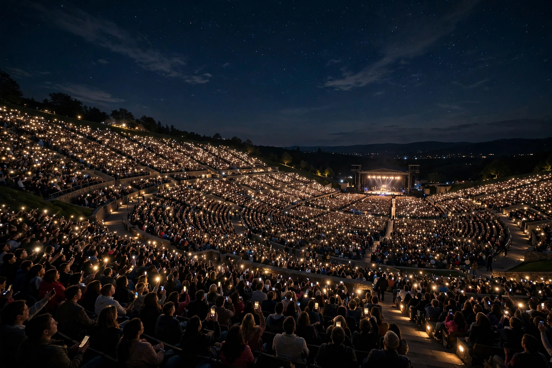 A packed outdoor amphitheater at night with fans holding up glowing phone flashlights toward a distant lit stage.