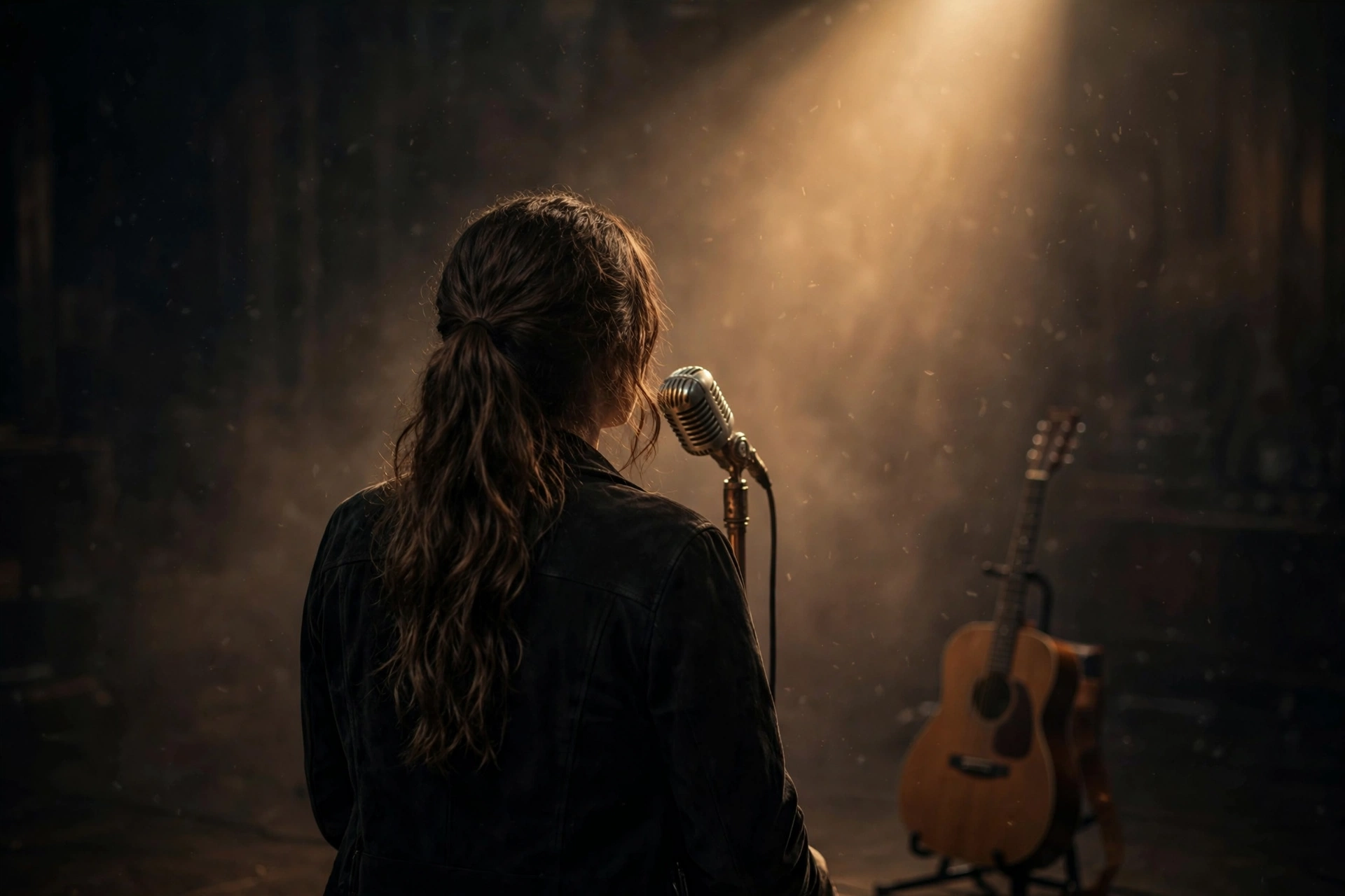An anonymous singer seen from behind at a vintage microphone under a warm spotlight, with an acoustic guitar on a stand nearby.