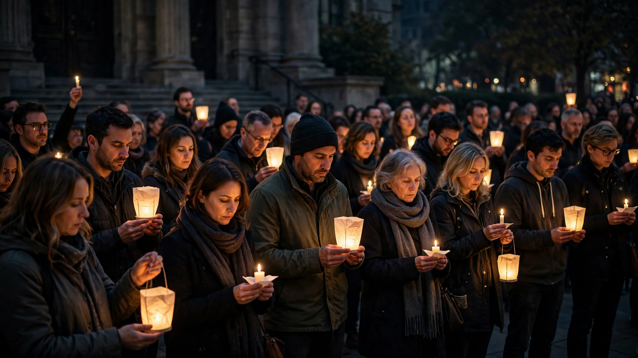 A crowd holding lit candles and glowing paper lanterns at a nighttime vigil outside a city venue.