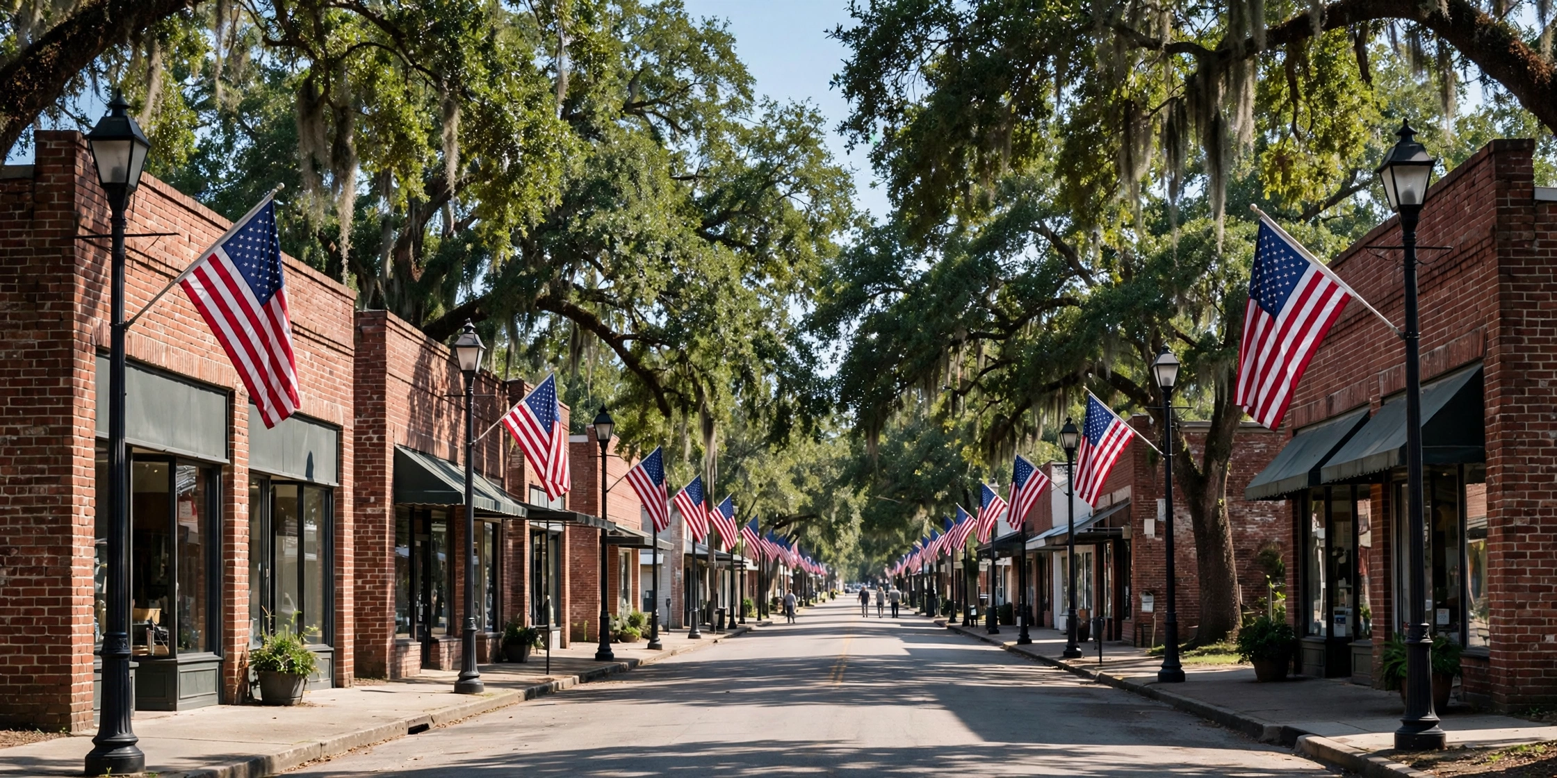 A small-town main street lined with brick storefronts and American flags on lampposts
