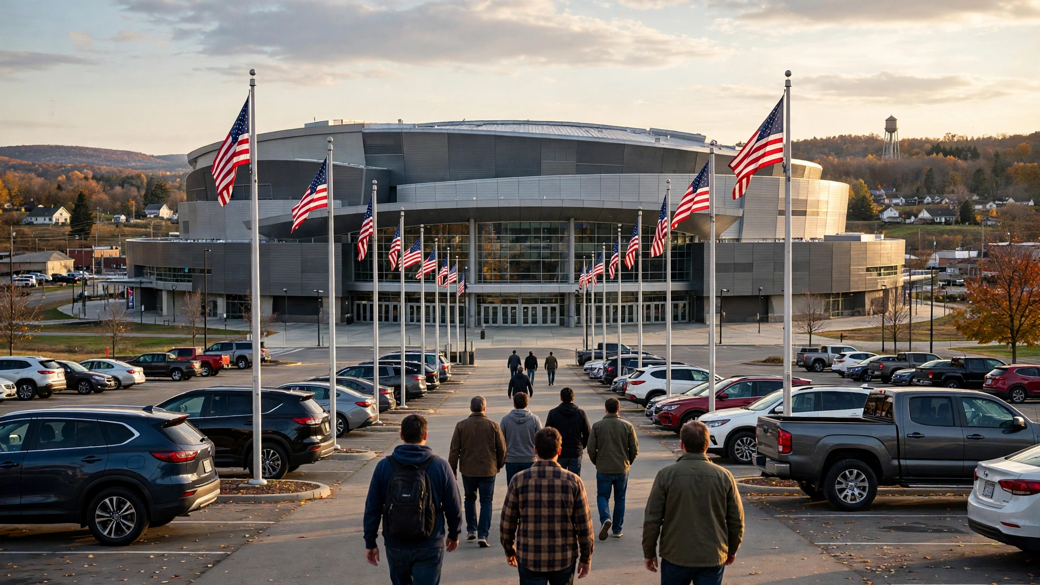 A large modern arena building with American flags on poles in front and people walking toward the entrance