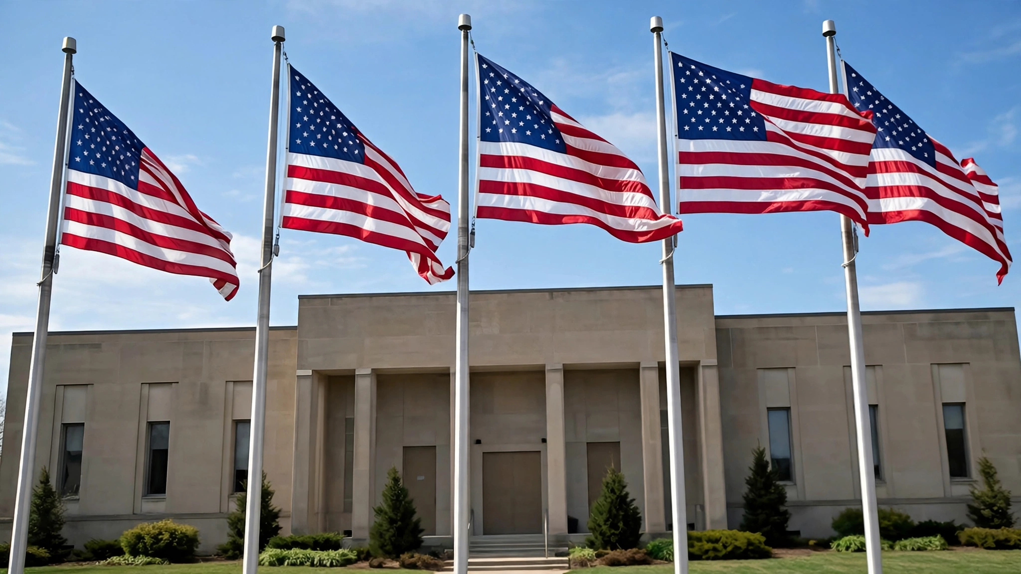 Five American flags on tall poles in front of a plain civic building