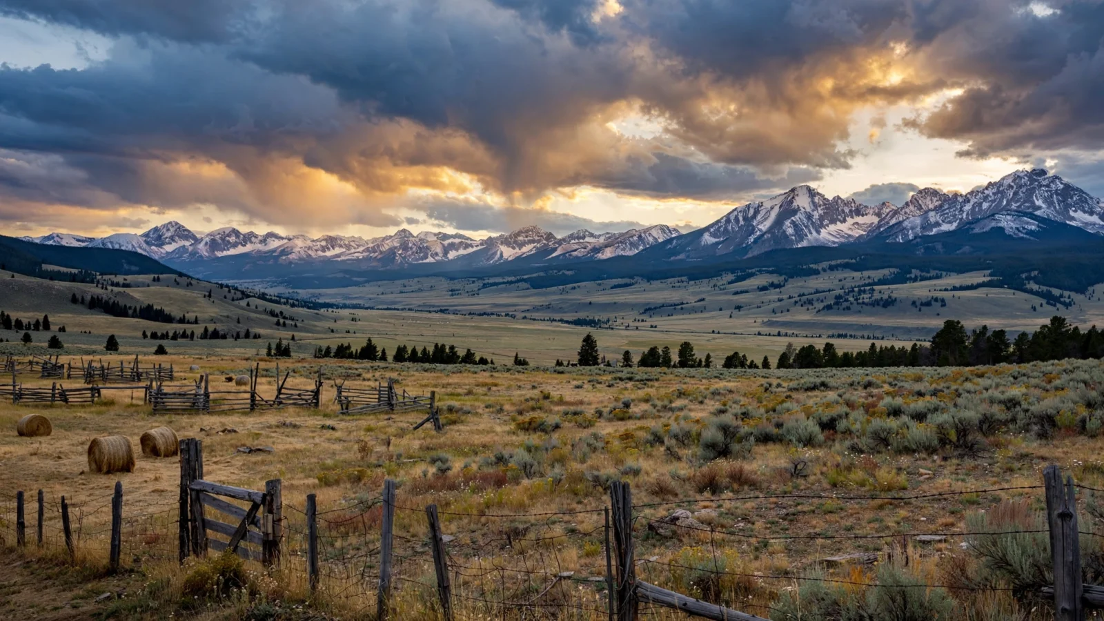 Snow-capped mountains and ranch land in a Montana valley at dusk