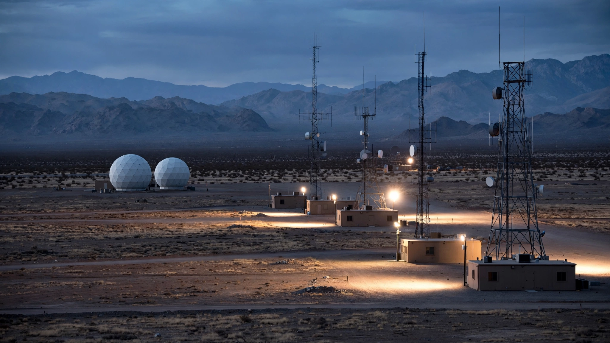 Radar domes and communications towers at a remote military test facility at dusk