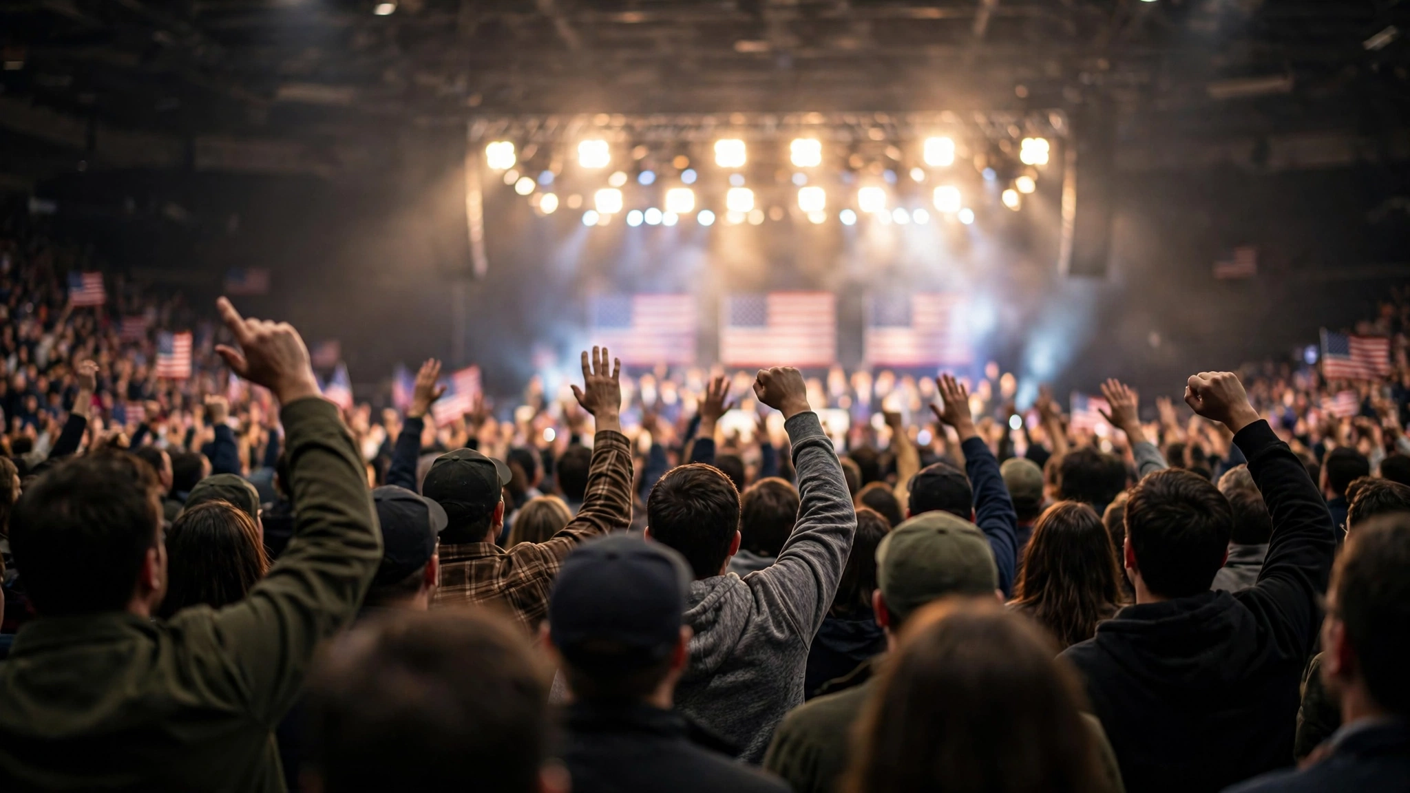 Supporters with raised hands at an indoor campaign rally in an arena