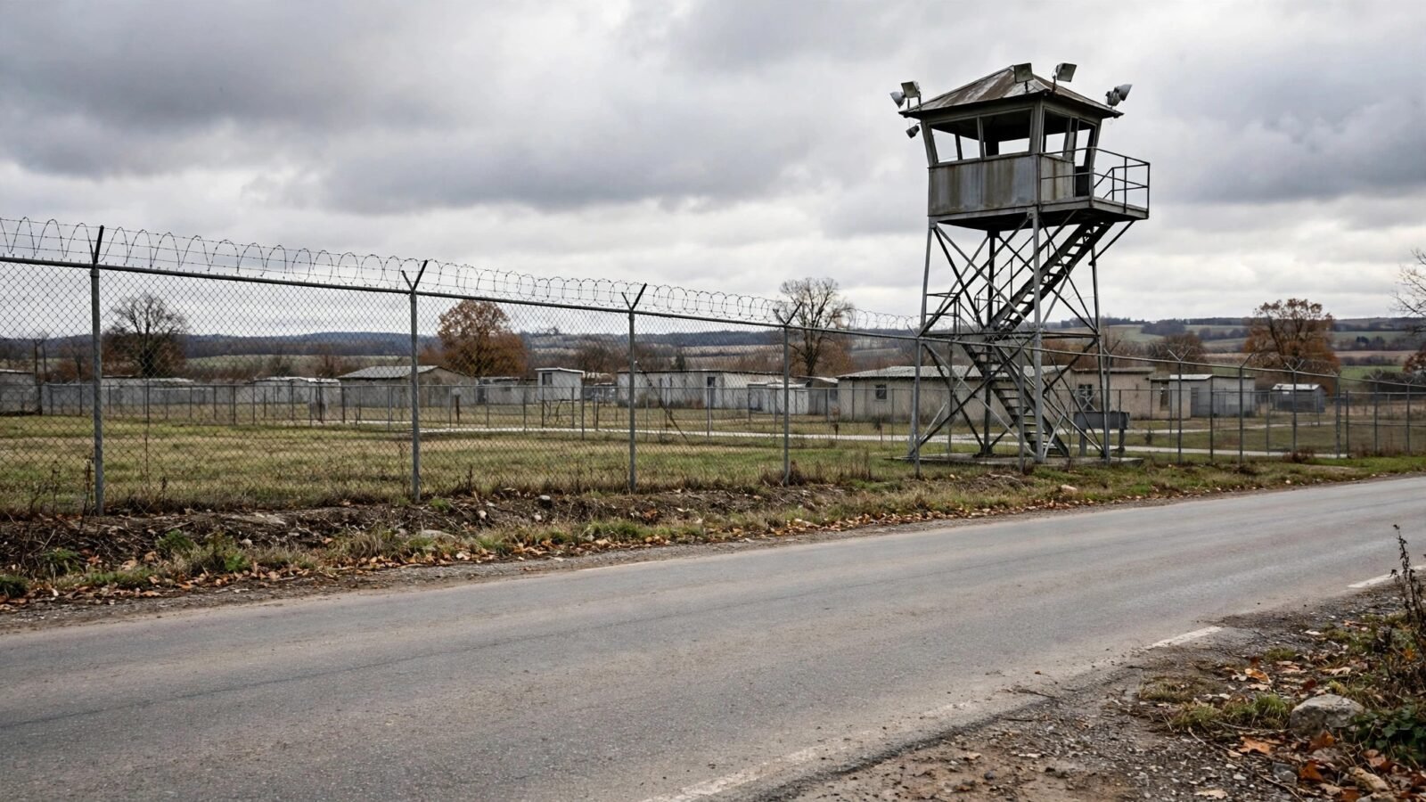 A perimeter fence topped with barbed wire and a guard tower at a rural correctional facility