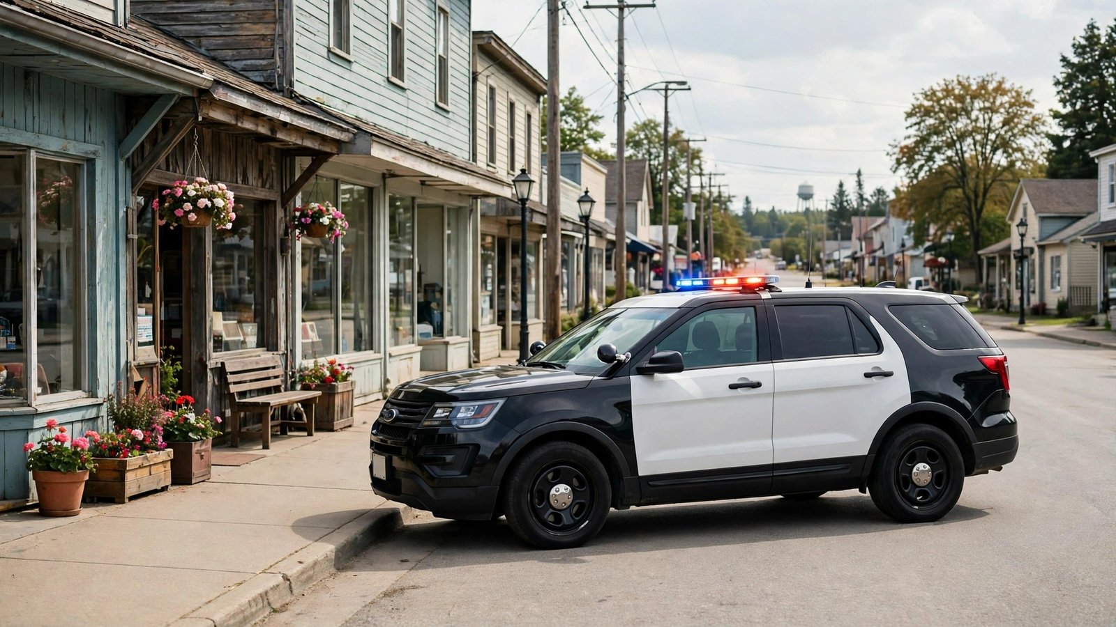 A police sport utility vehicle with lights on parked on a small-town street