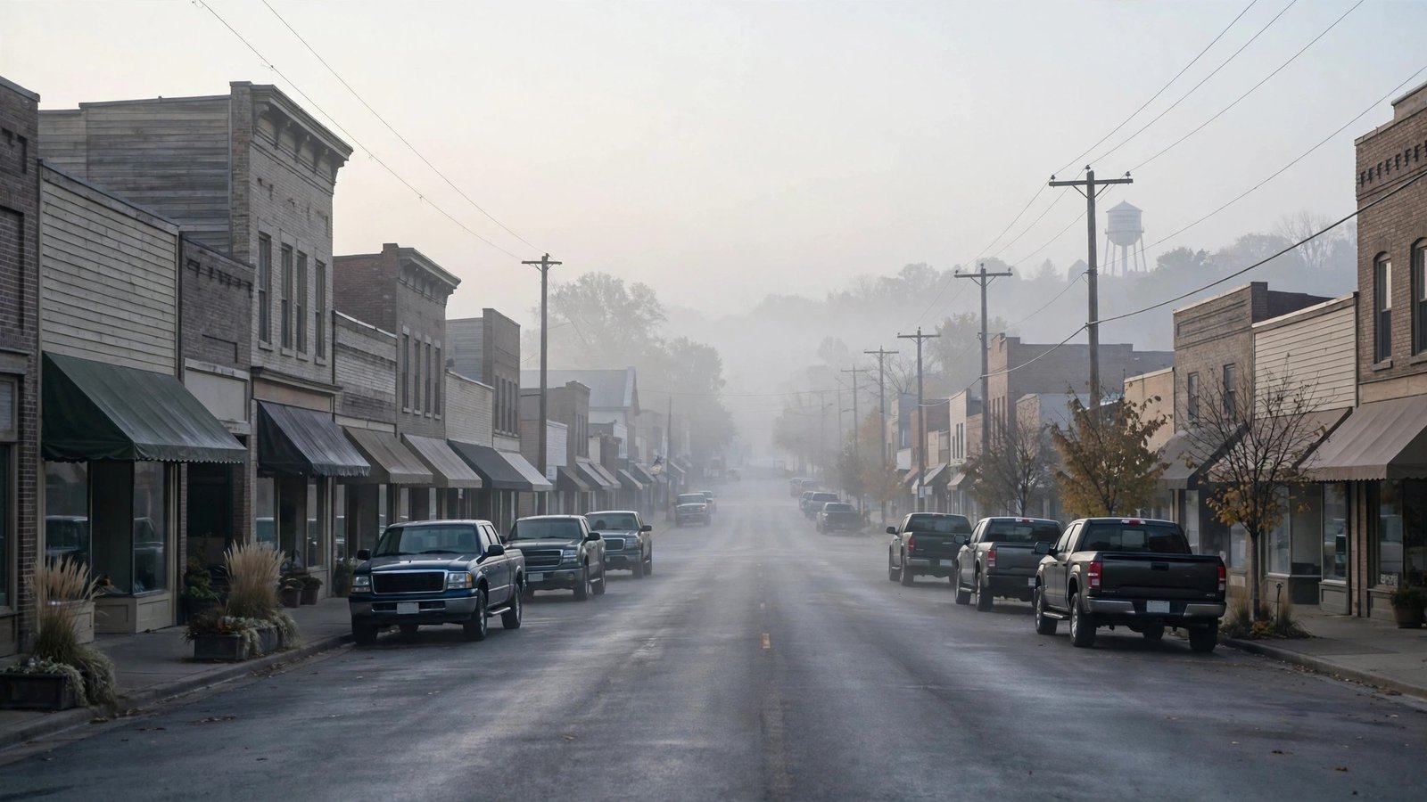 A quiet small-town main street with storefronts and parked pickup trucks in early morning fog