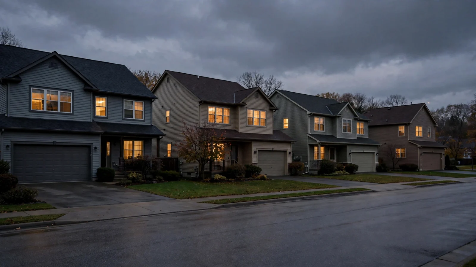 A row of suburban two-story houses with lit windows at dusk under an overcast sky, with an empty street in the foreground.