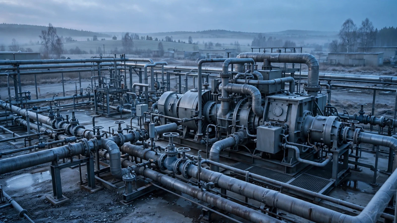 Industrial gas compressor station with steel pipelines and turbine equipment at dawn