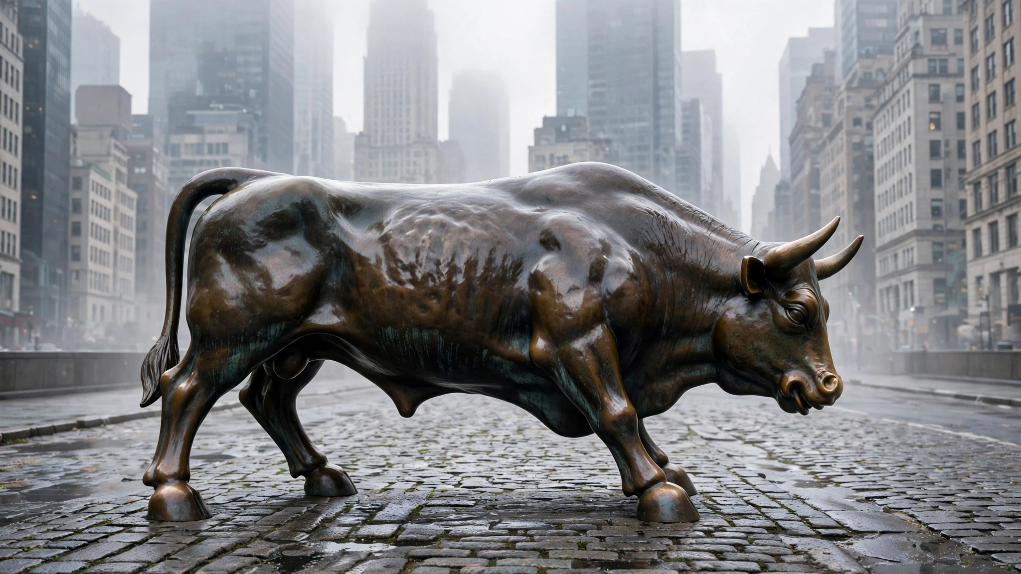 A bronze bull statue stands on a cobblestone street with tall buildings behind it in morning fog.