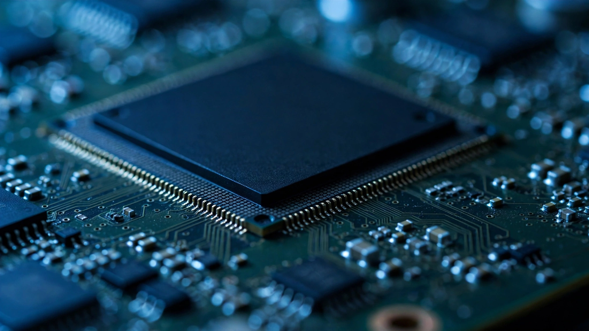 Close-up of a black computer processor chip mounted on a green circuit board.