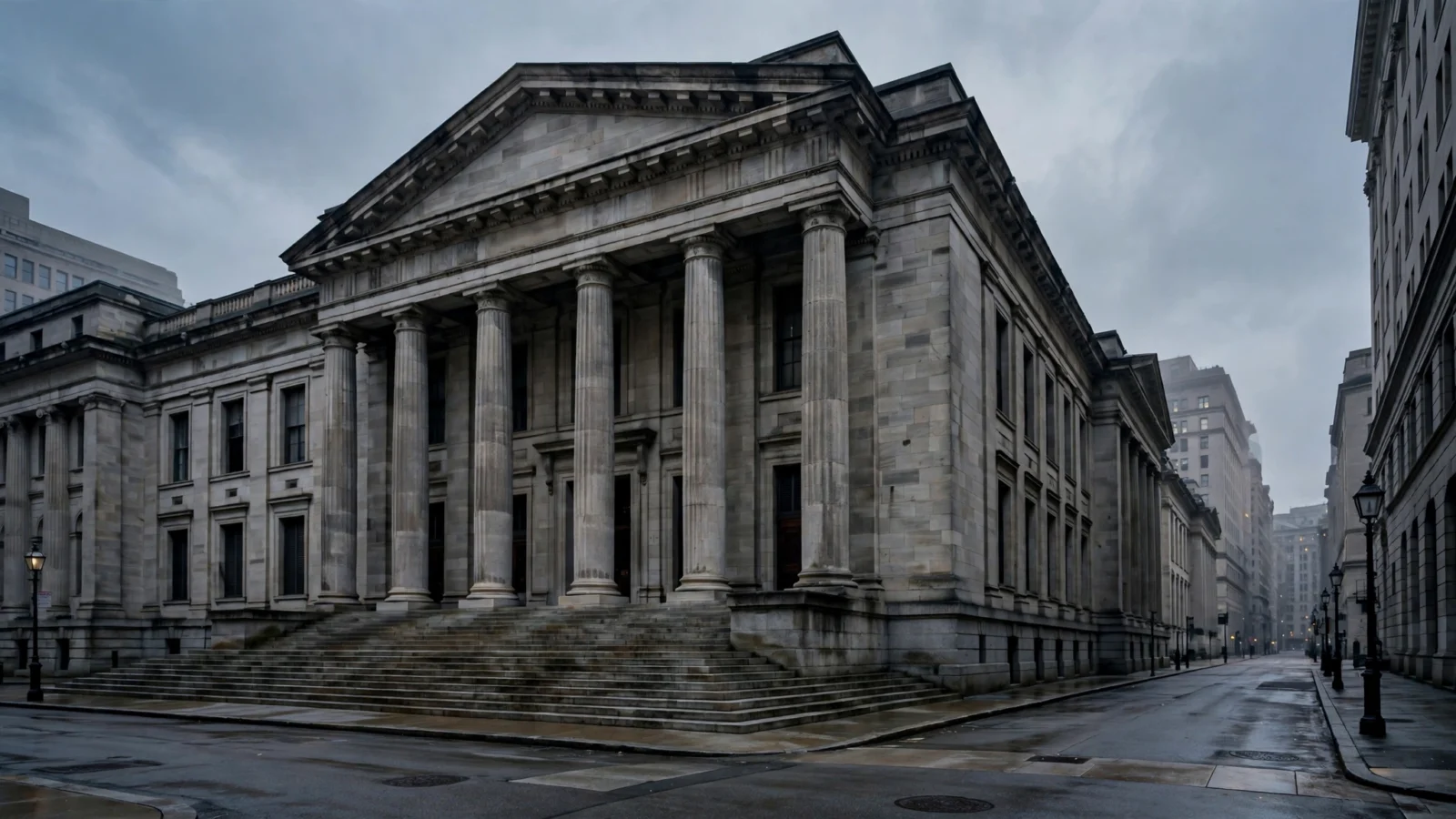 A columned stone exchange building on an empty street under gray skies.