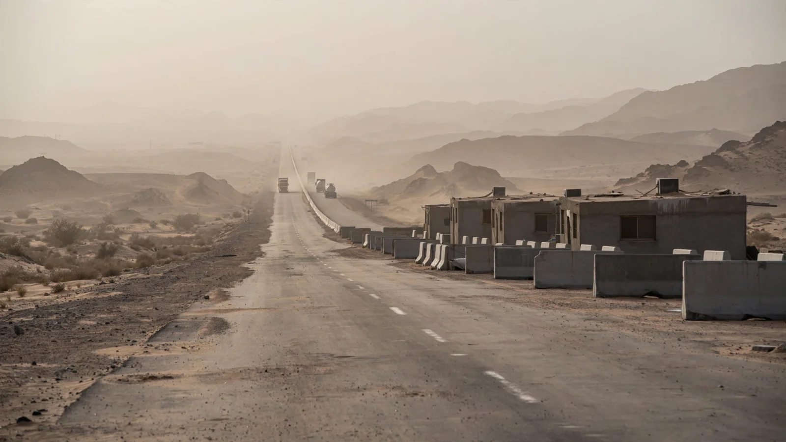 A desert road lined with concrete barriers and low concrete buildings, with trucks in the distance and arid hills behind