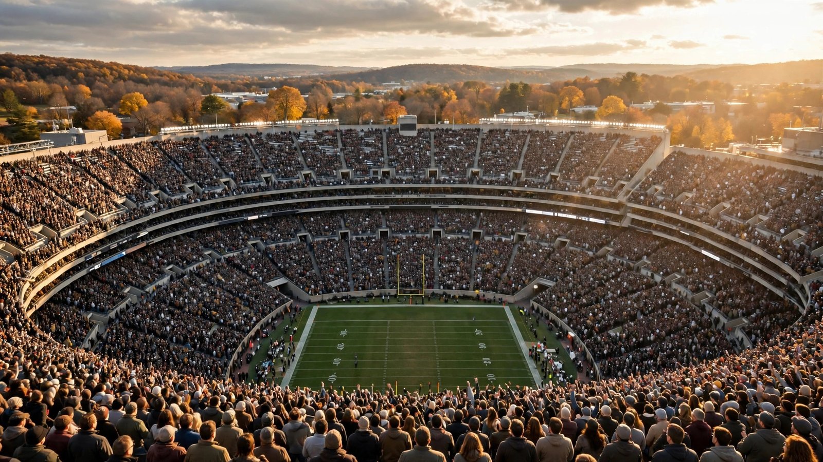 A wide view of a crowded football stadium bowl with a green field below and autumn trees beyond