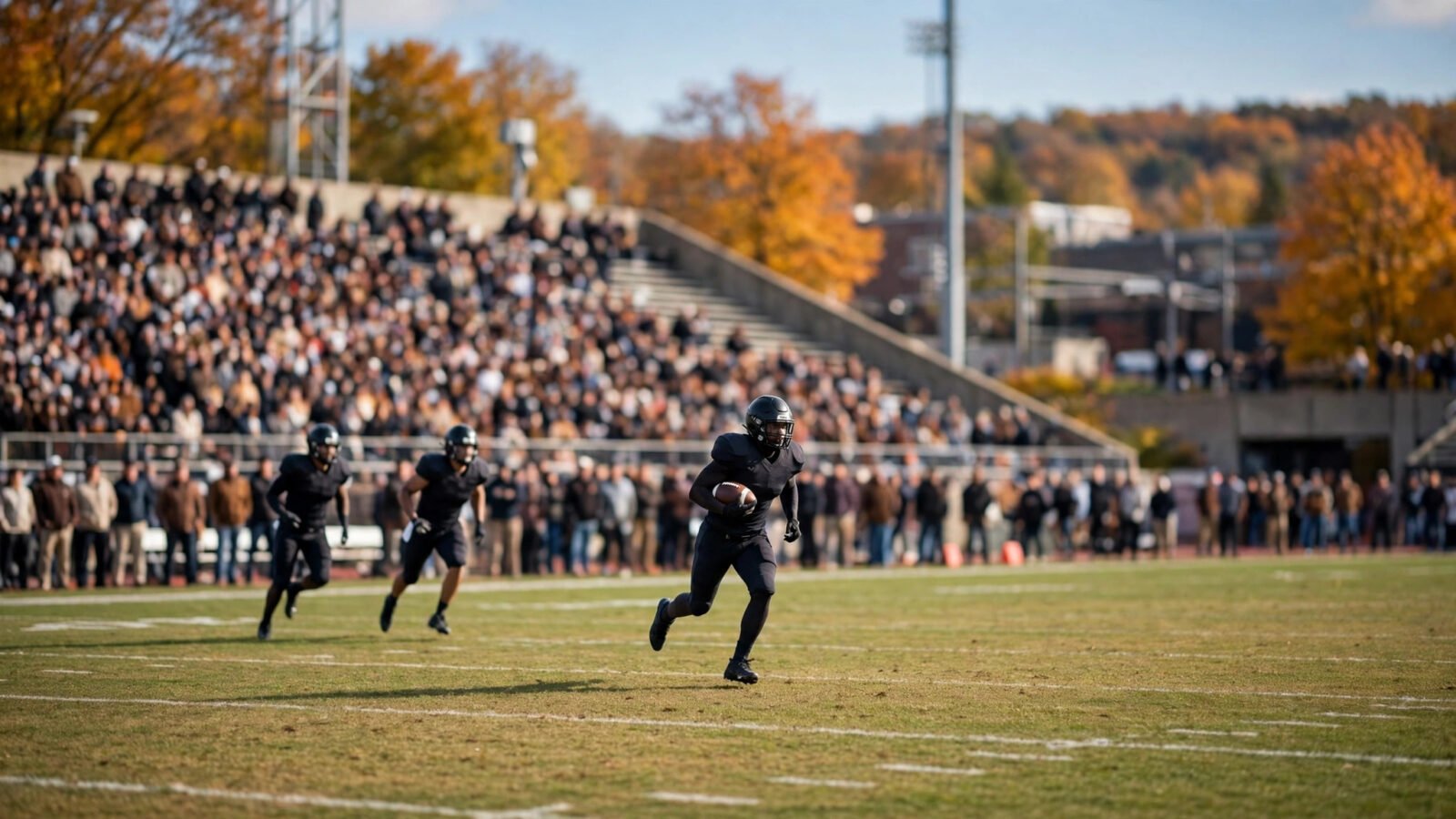 Football players in plain dark uniforms running on a grass field in front of a crowded stadium stand in autumn