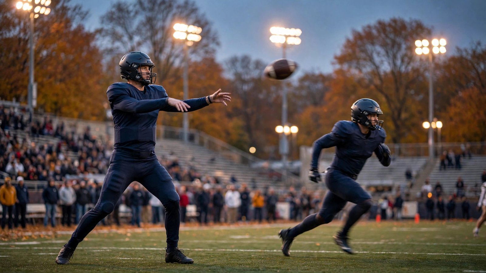 A football player in a dark uniform throwing a football under stadium lights at dusk