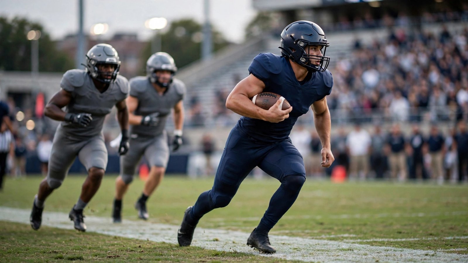 A football player in a dark uniform carrying the ball while two players in gray uniforms chase him