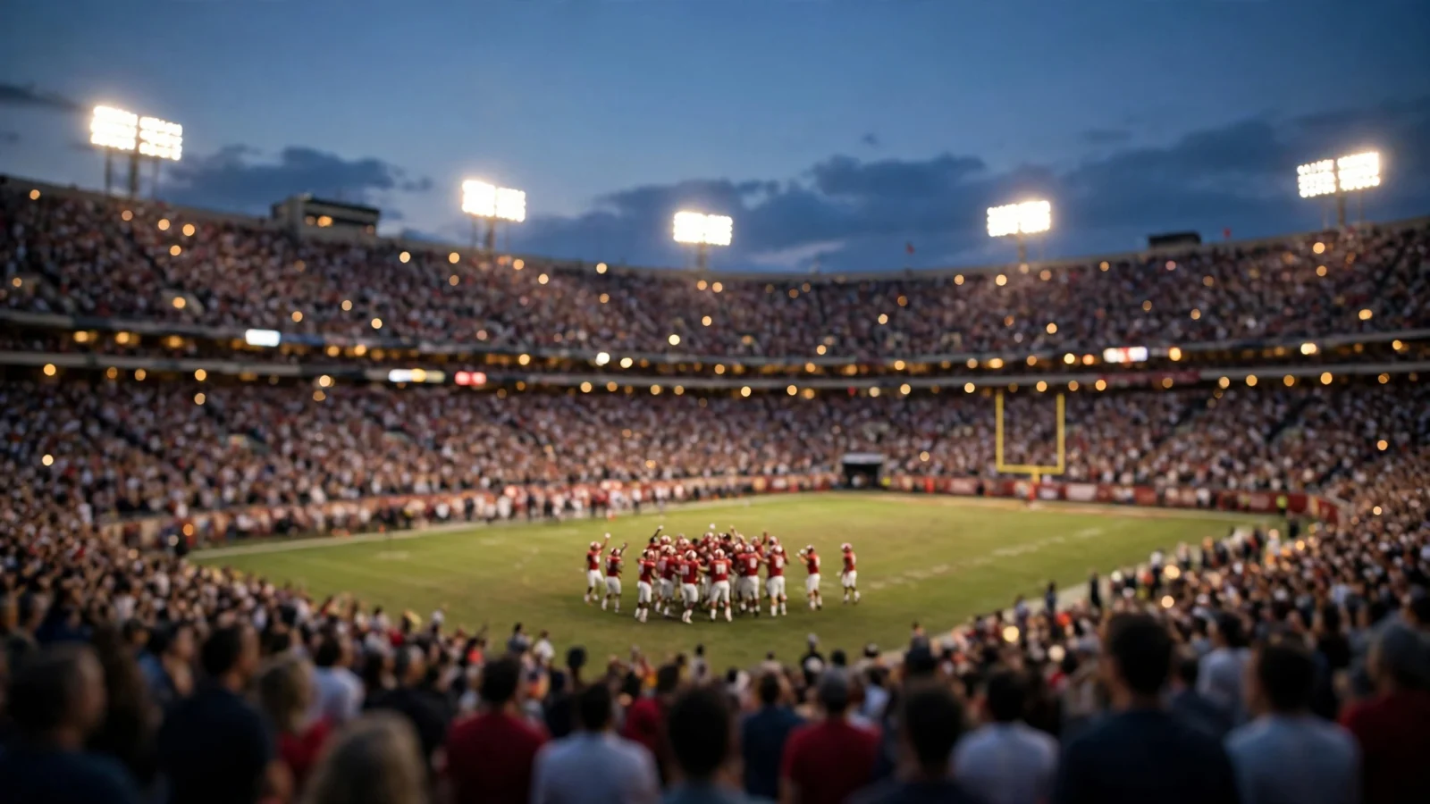 Football stadium at dusk under floodlights, players in red jerseys gathered on the field, crowd blurred