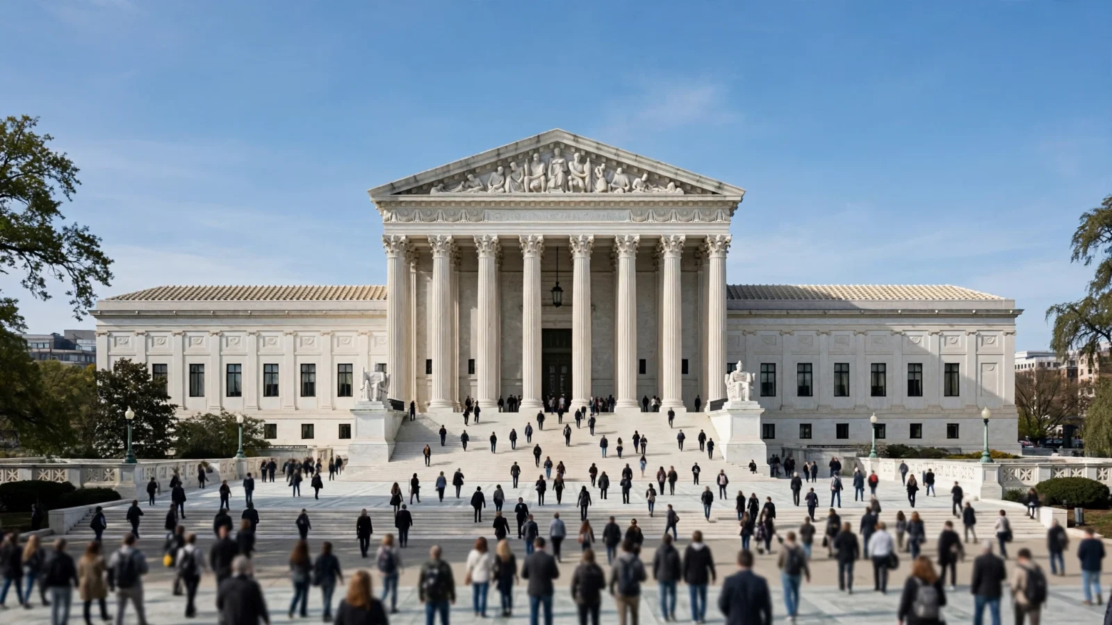 Wide view of the United States Supreme Court building facade in Washington, D.C., with visitors on the plaza steps under a clear sky.