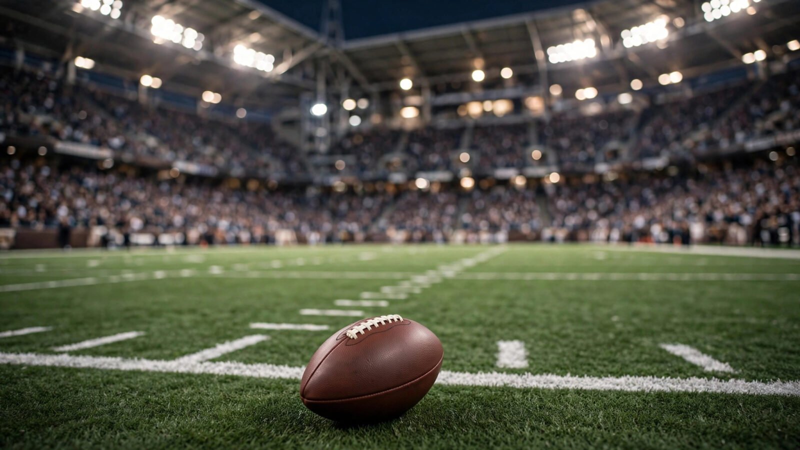 A leather American football resting on the turf at midfield in a packed stadium before kickoff
