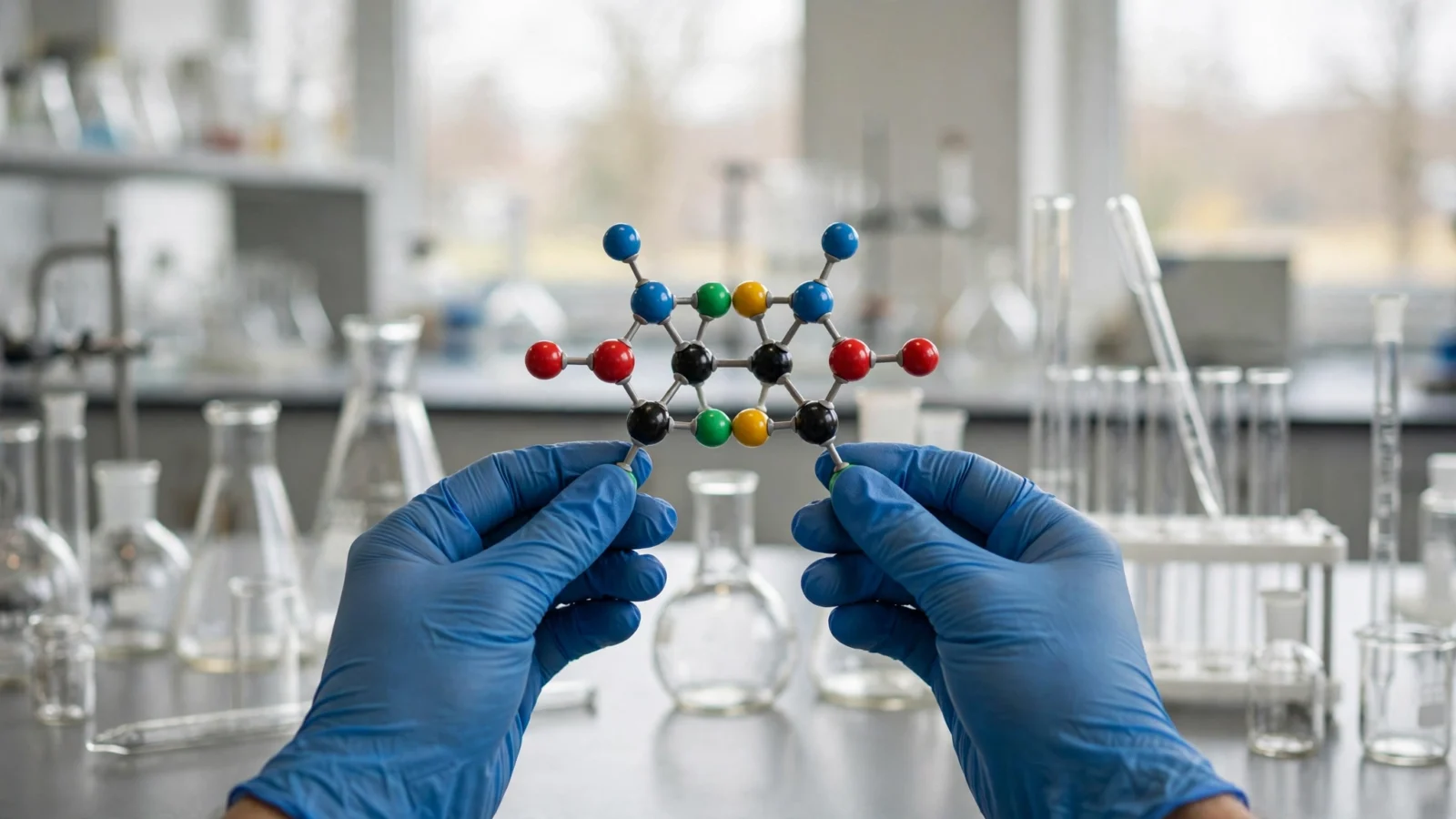 Gloved hands holding a colorful ball-and-stick molecular model in a bright chemistry laboratory with glassware in the background