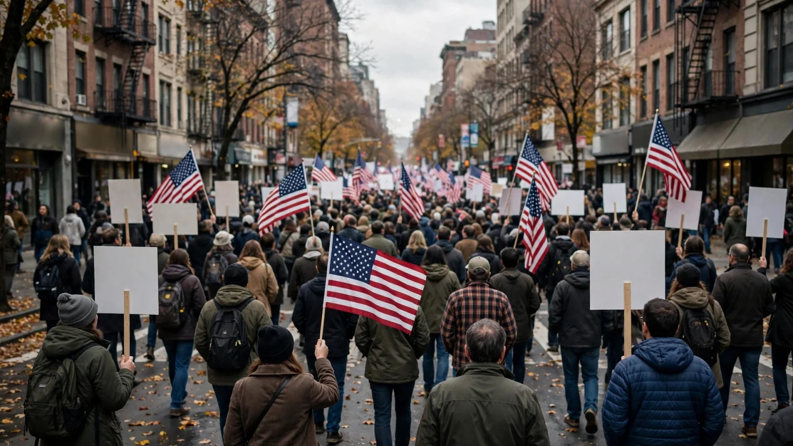 A large crowd of protesters carrying American flags and blank signs marching down a city street in autumn.
