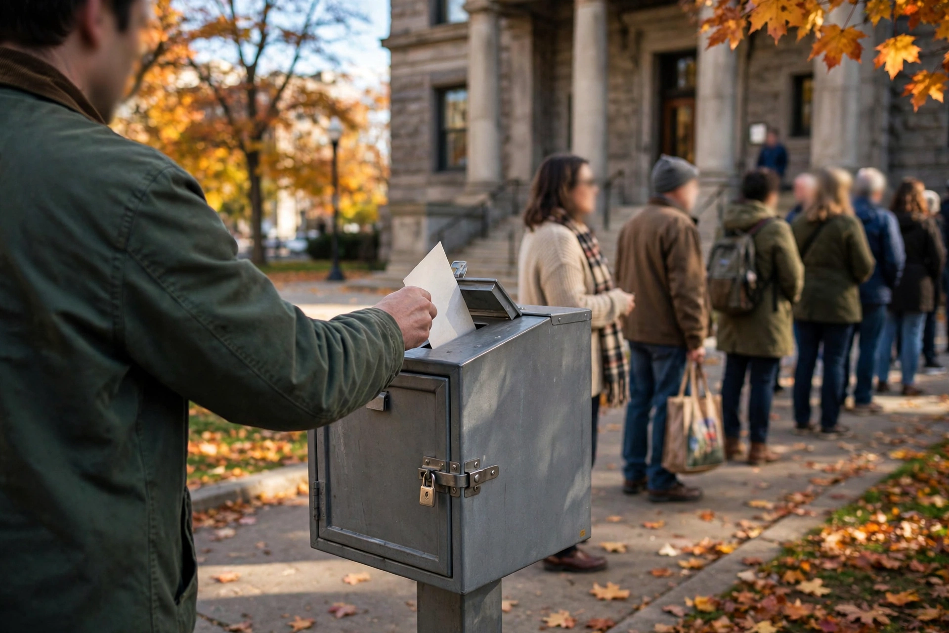 A voter dropping a paper ballot into a locked metal ballot drop box outside a stone civic building on an autumn day.