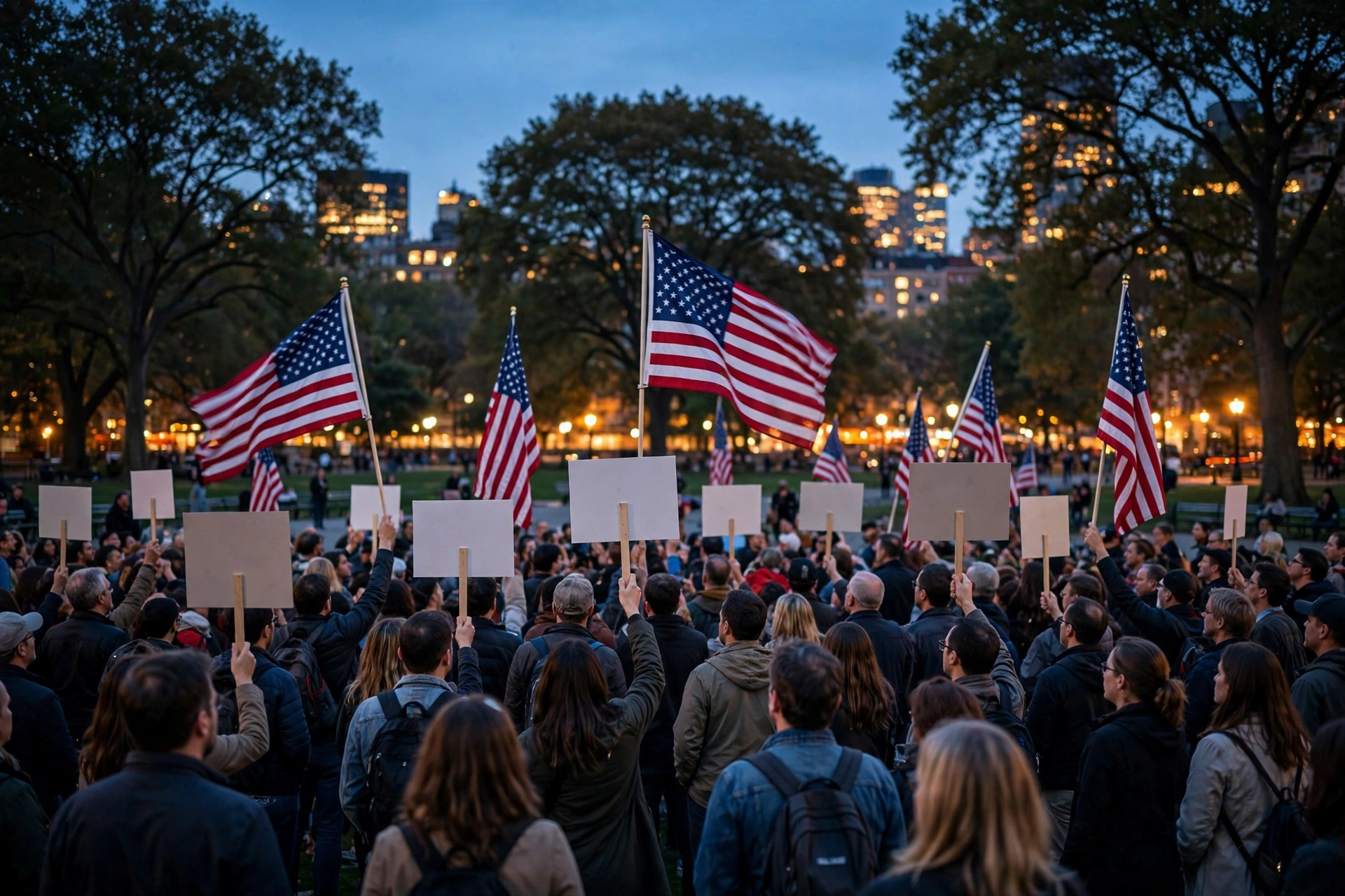 A crowd holding American flags and blank placards at an outdoor rally in a city park at dusk.